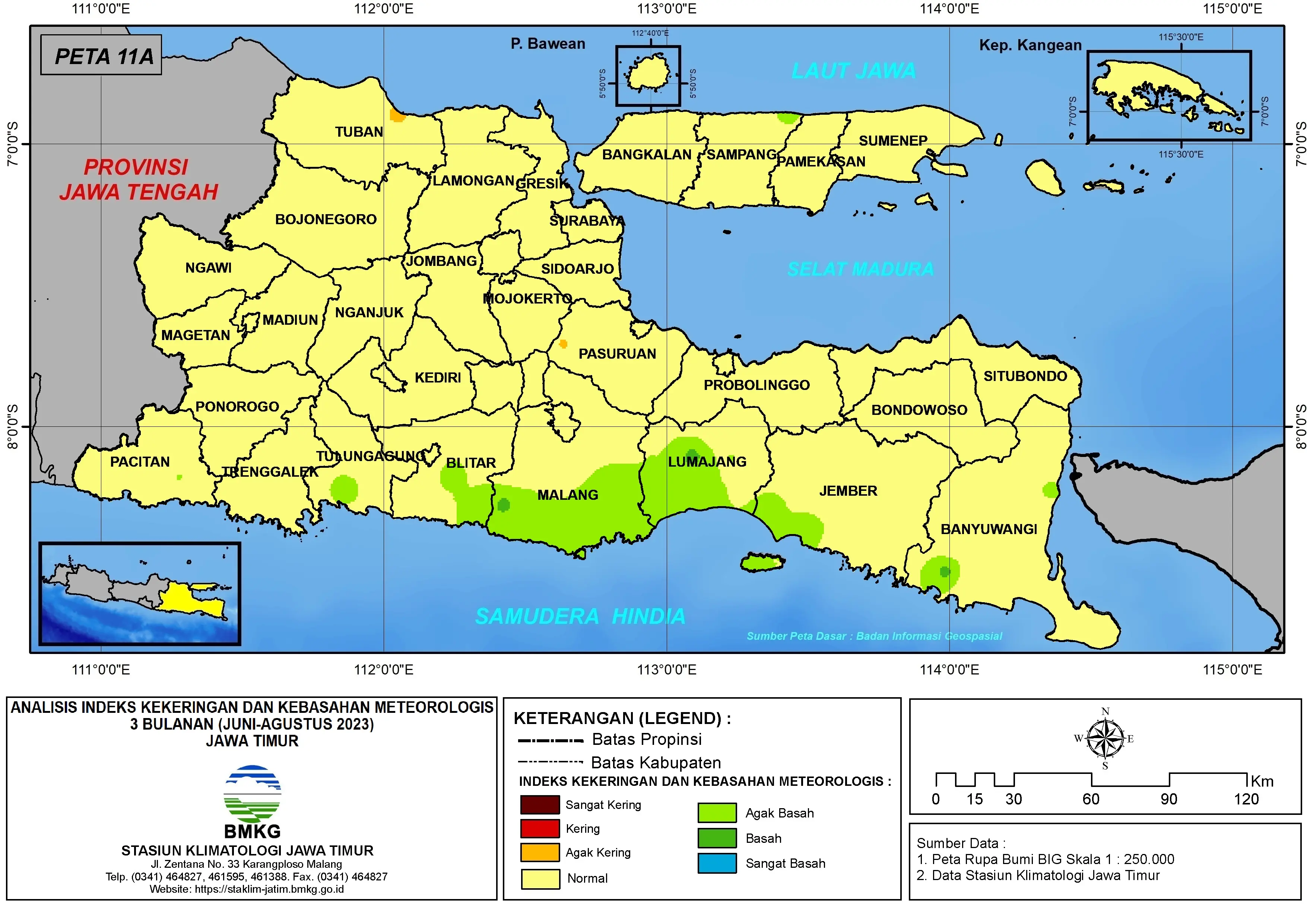 ( Analisis - Bulanan ) Indeks Kekeringan dan Kebasahan Meteorologis 3 Bulanan Untuk Bulan Juni - Juli - Agustus Tahun 2023 di Provinsi Jawa Timur