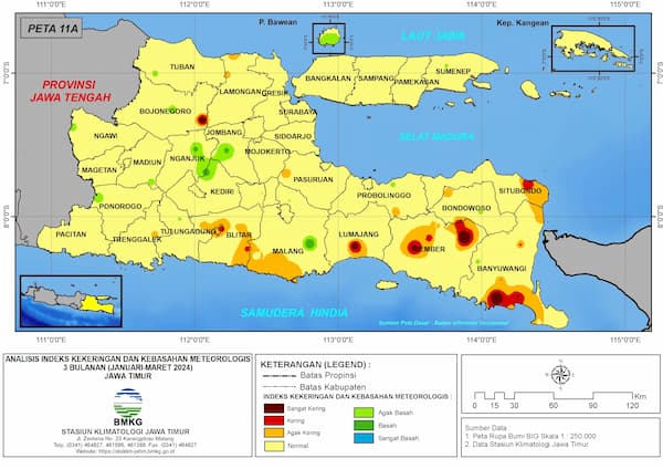 ( Analisis - Bulanan ) Indeks Kekeringan dan Kebasahan Meteorologis 3 Bulanan Untuk Bulan Januari - Februari - Maret Tahun 2024 di Provinsi Jawa Timur