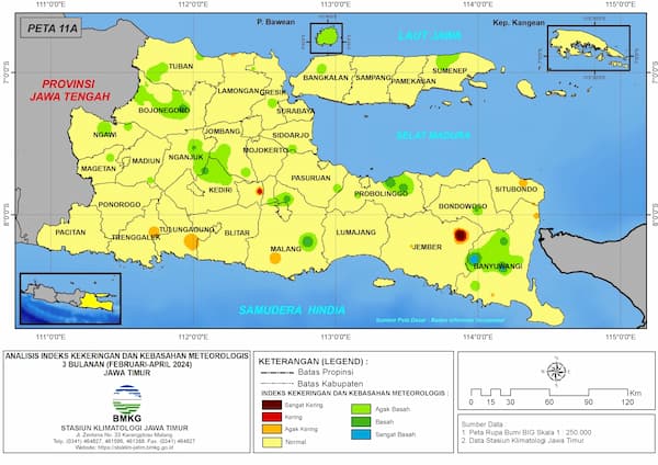 ( Analisis - Bulanan ) Indeks Kekeringan dan Kebasahan Meteorologis 3 Bulanan Untuk Bulan Februari - Maret - April Tahun 2024 di Provinsi Jawa Timur