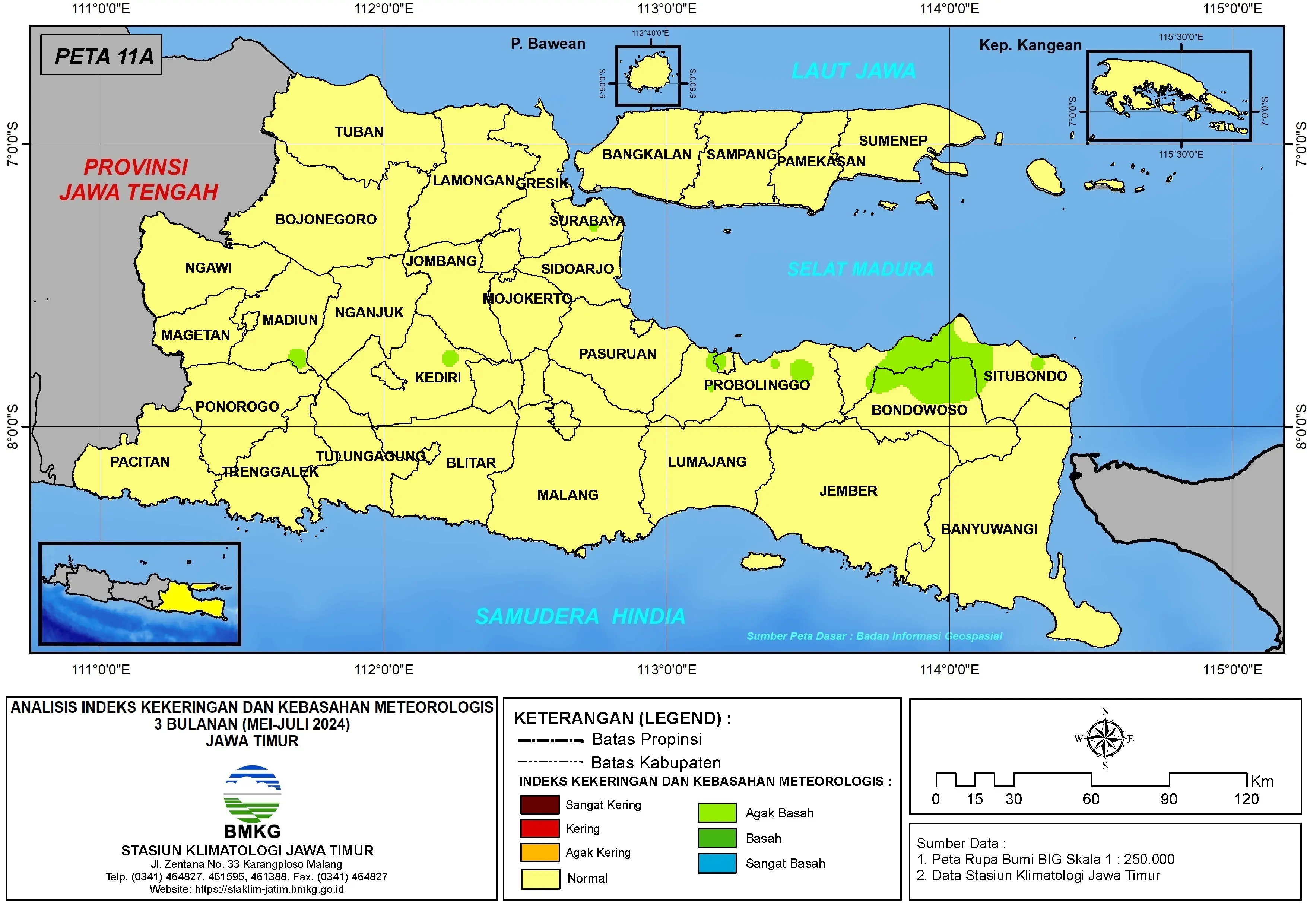 ( Analisis - Bulanan ) Indeks Kekeringan dan Kebasahan Meteorologis 3 Bulanan Untuk Bulan Mei - Juni - Juli Tahun 2024 di Provinsi Jawa Timur