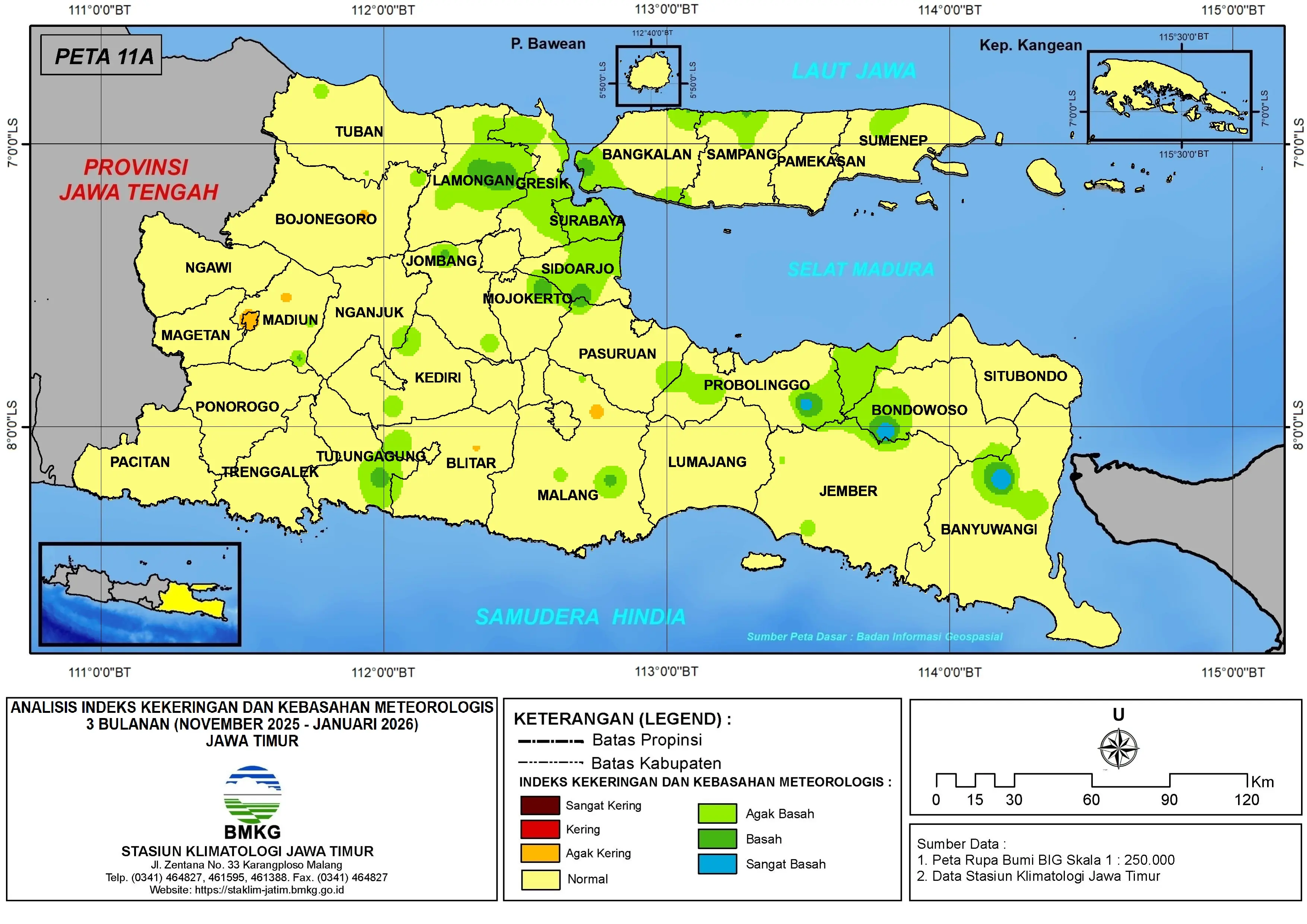 ( Analisis - Bulanan ) Indeks Kekeringan dan Kebasahan Meteorologis 3 Bulanan Untuk Bulan November - Desember Tahun 2025 - Januari Tahun 2026 di Provinsi Jawa Timur