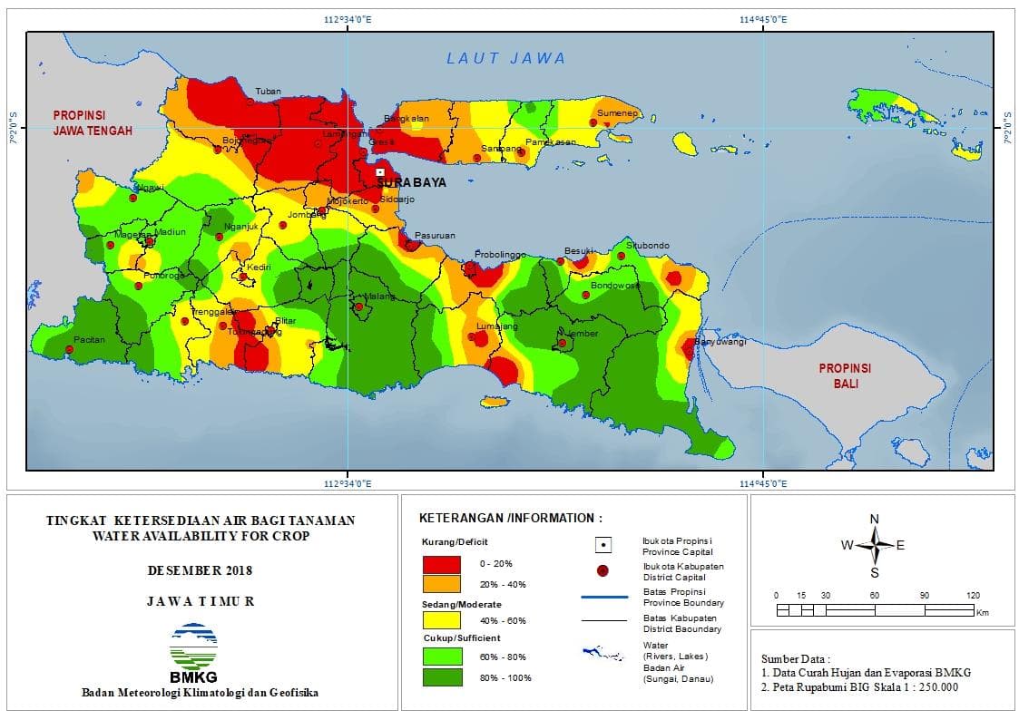 Peta Analisis Distribusi Sifat Hujan Dasarian II April 2019 di Provinsi Jawa Timur