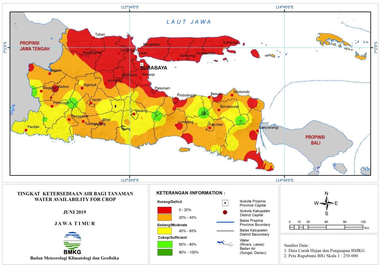 |Analisis - Bulanan| Tingkat Ketersediaan Air Bagi Tanaman di Provinsi Jawa Timur Bulan Juni Tahun 2019
