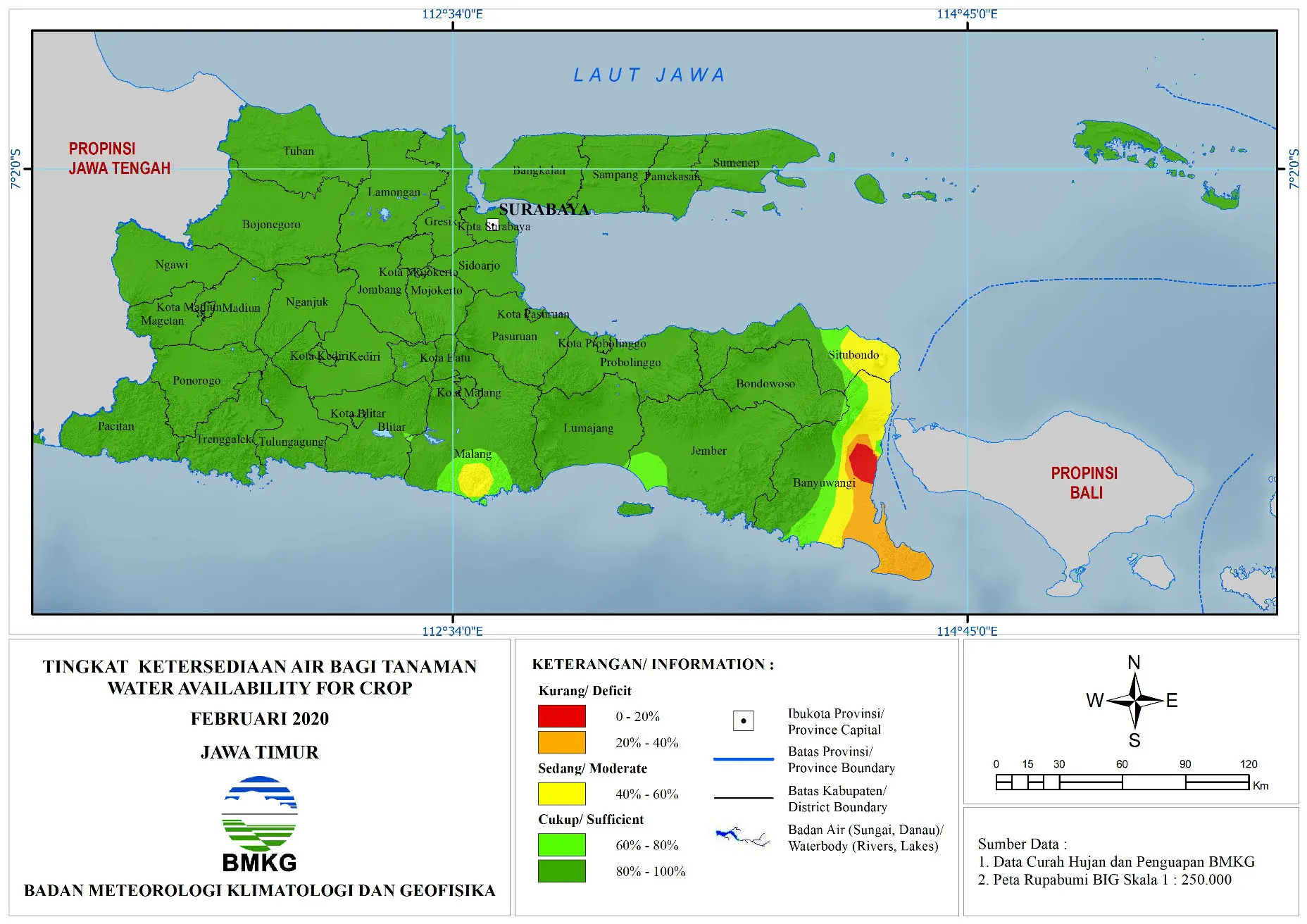 (Analisis - Bulanan) Tingkat Ketersediaan Air Tanah Bagi Tanaman Bulan Februari Tahun 2020 di Provinsi Jawa Timur