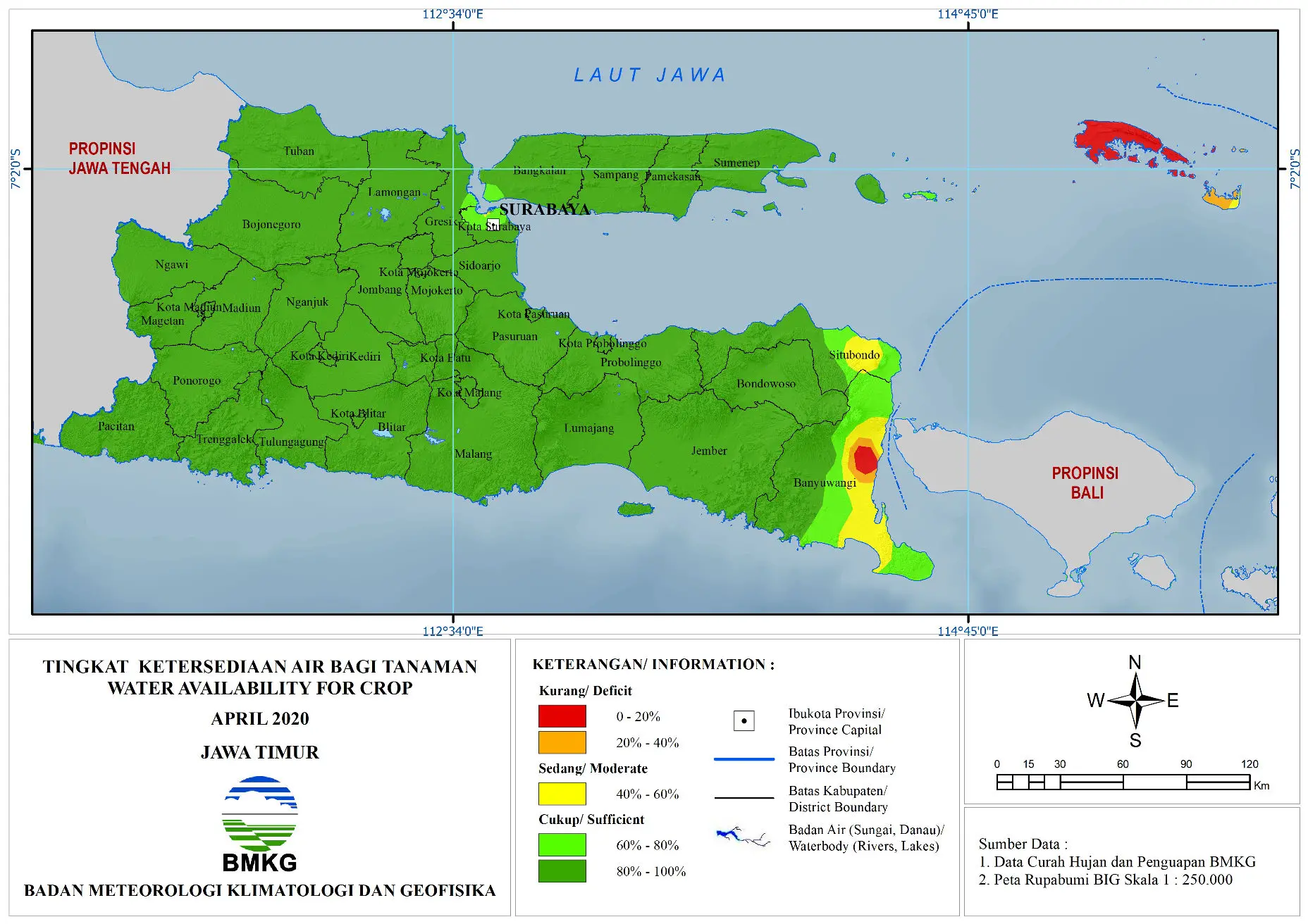 (Analisis - Bulanan) Tingkat Ketersediaan Air Tanah Bagi Tanaman Bulan April Tahun 2020 di Provinsi Jawa Timur