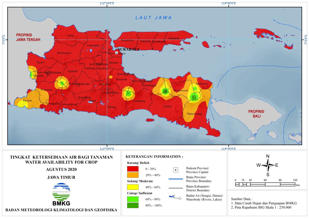 (Analisis - Bulanan) Tingkat Ketersediaan Air Tanah Bagi Tanaman Bulan Agustus Tahun 2020 di Provinsi Jawa Timur 