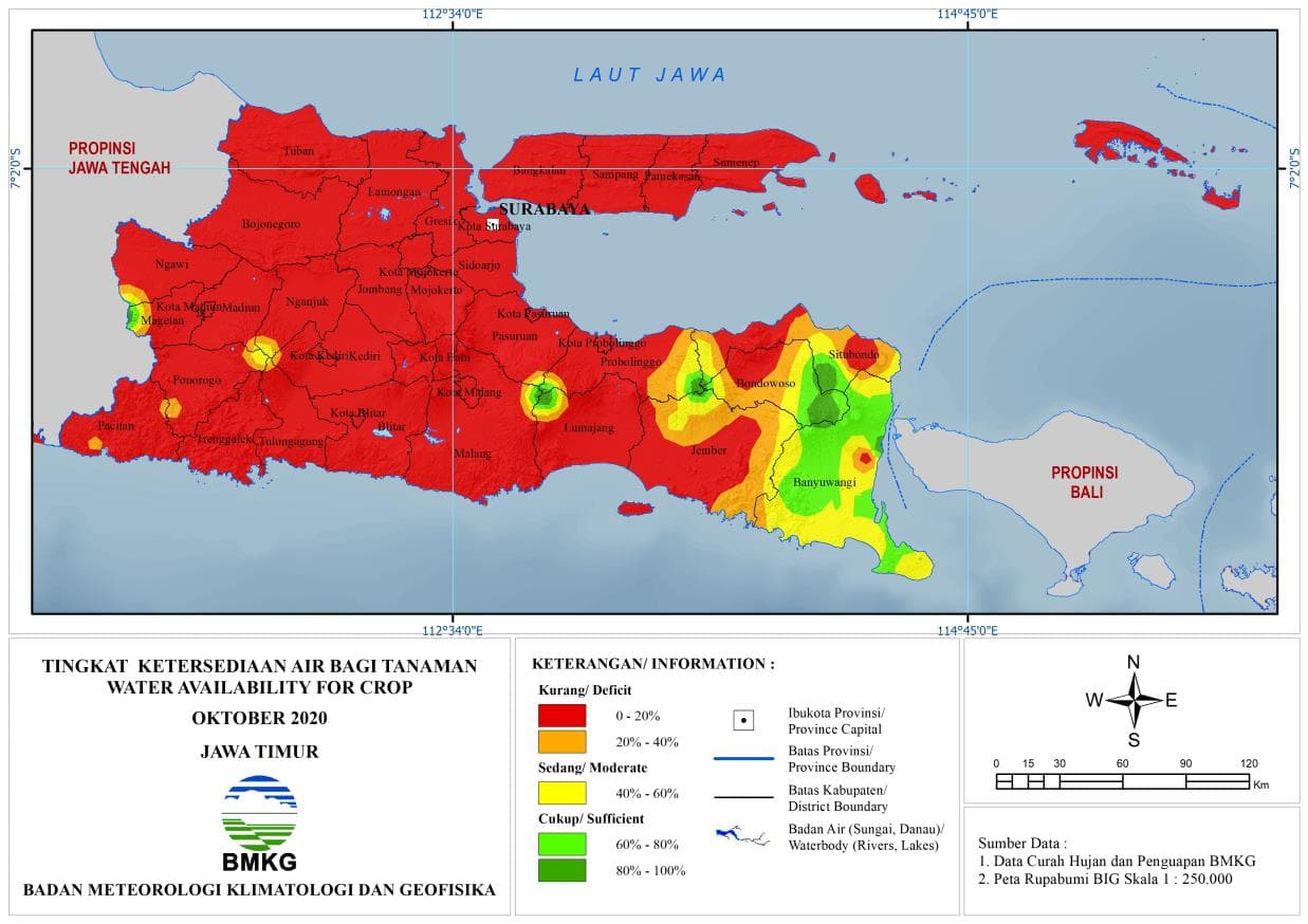 (Analisis - Bulanan) Tingkat Ketersediaan Air Tanah Bagi Tanaman Bulan Oktober Tahun 2020 di Provinsi Jawa Timur 