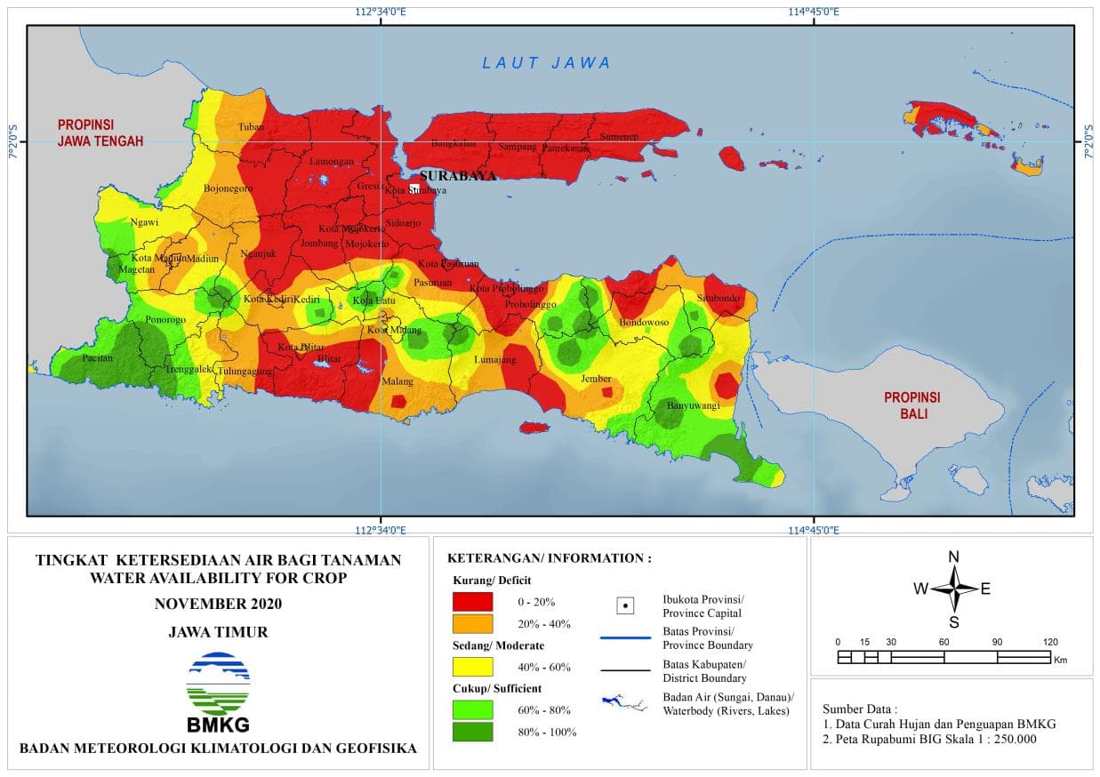 (Analisis - Bulanan) Tingkat Ketersediaan Air Tanah Bagi Tanaman Bulan November Tahun 2020 di Provinsi Jawa Timur 
