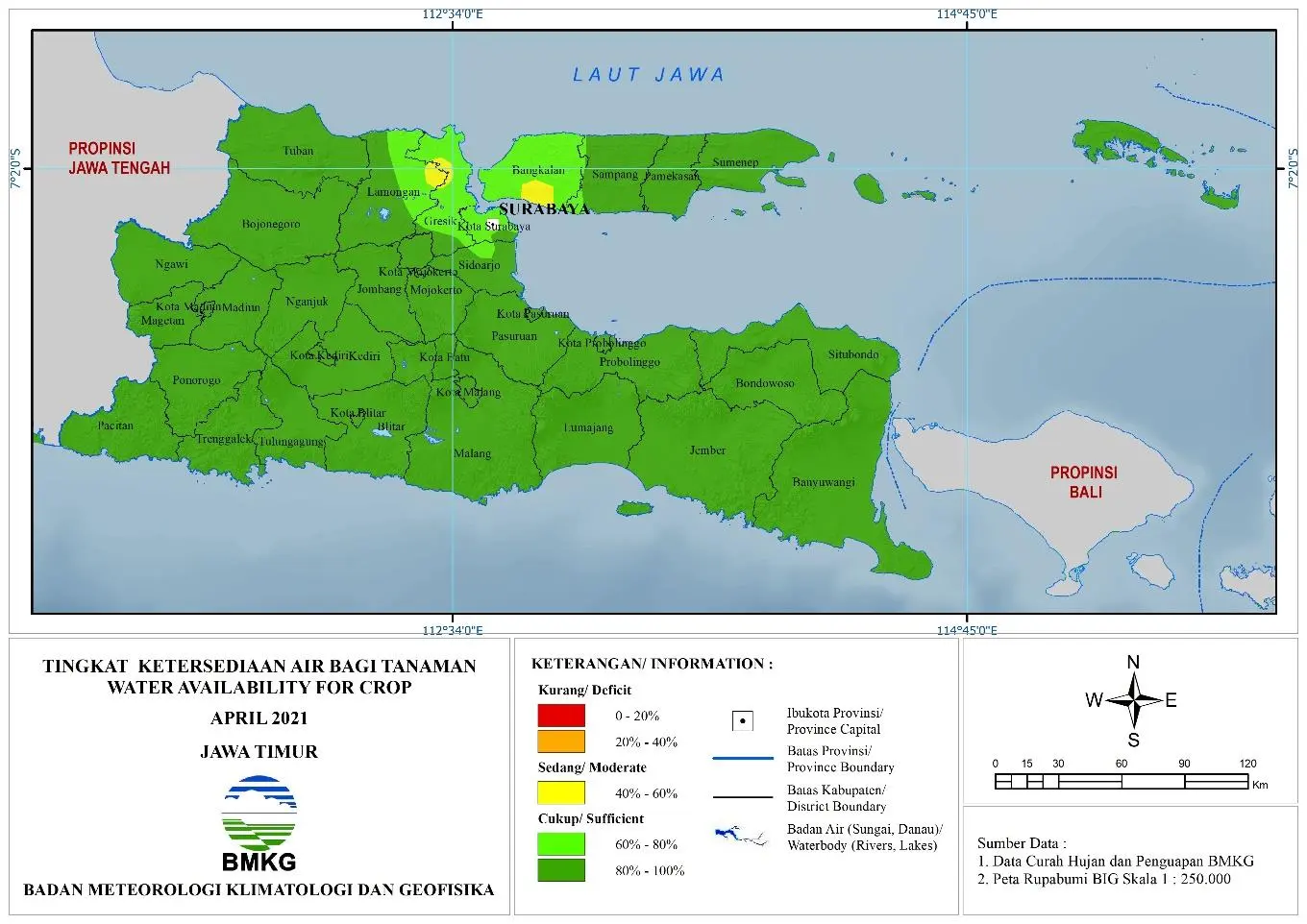 (Analisis - Bulanan) Tingkat Ketersediaan Air Bagi Tanaman Bulan April Tahun 2021 di Provinsi Jawa Timur 