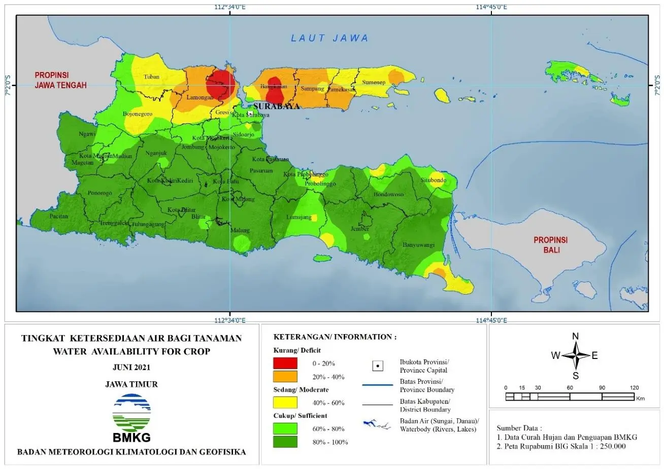 (Analisis - Bulanan) Tingkat Ketersediaan Air Bagi Tanaman Bulan Juni Tahun 2021 di Provinsi Jawa Timur 