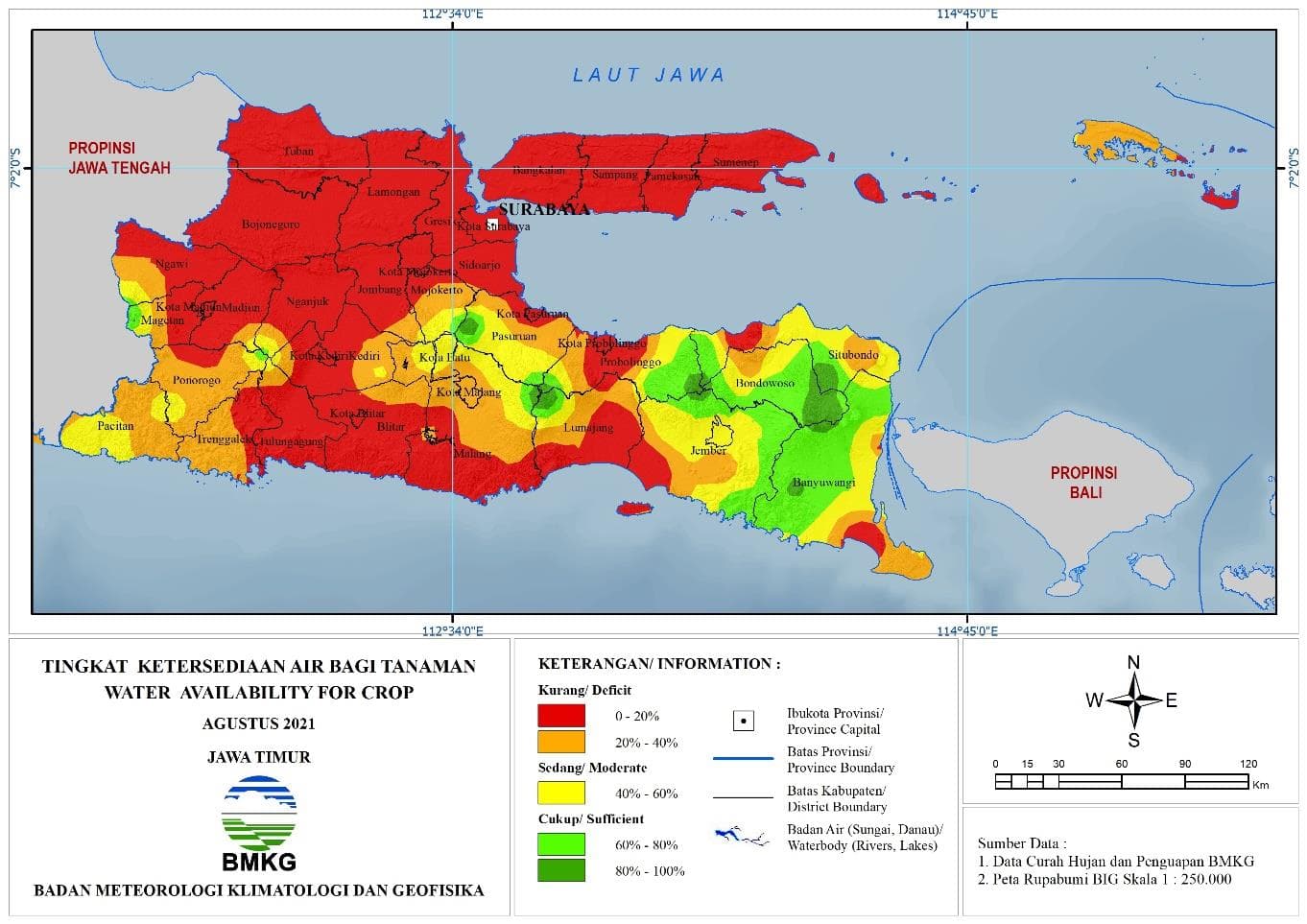(Analisis - Bulanan) Tingkat Ketersediaan Air Bagi Tanaman Bulan Agustus Tahun 2021 di Provinsi Jawa Timur 