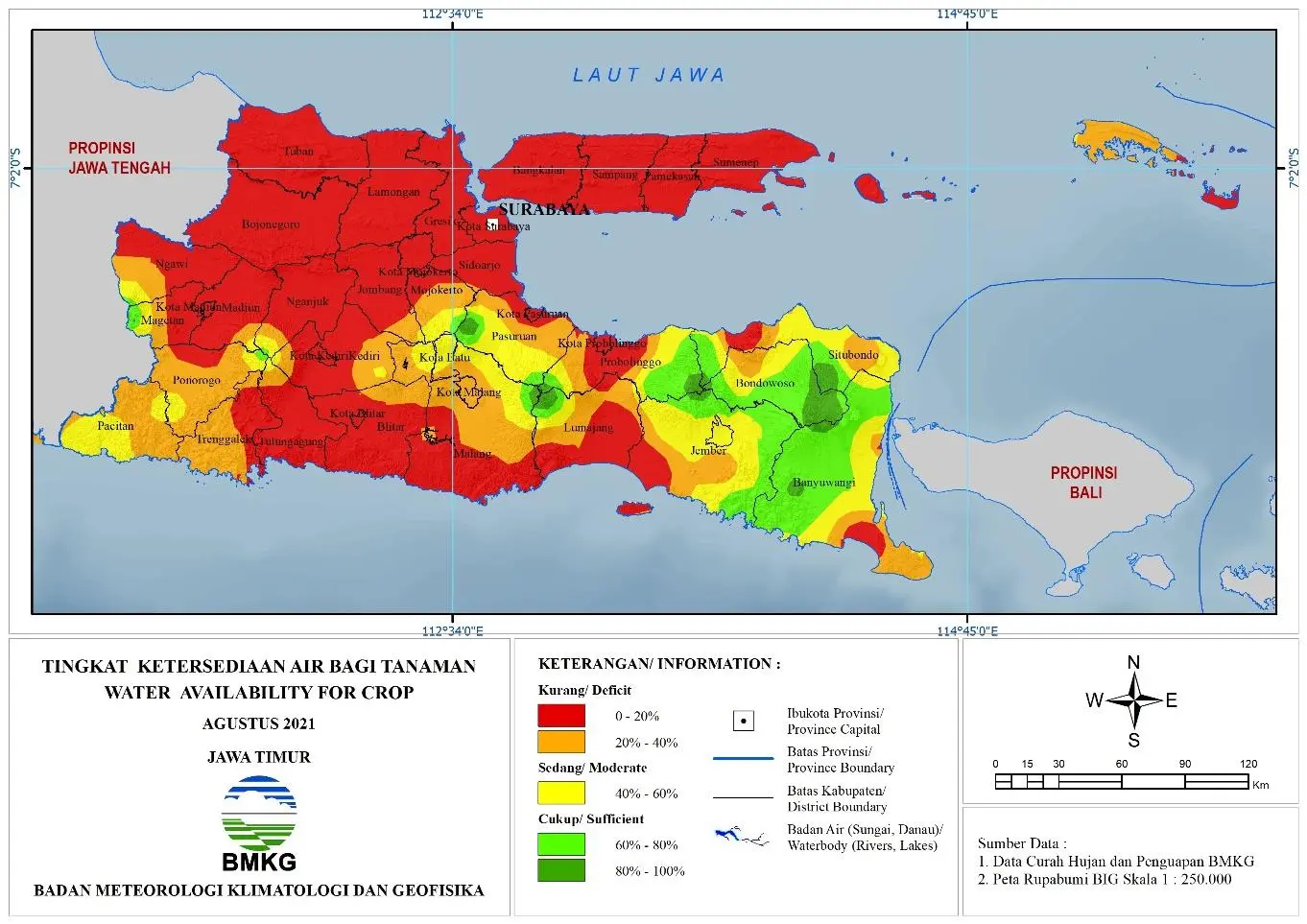 (Analisis - Bulanan) Tingkat Ketersediaan Air Bagi Tanaman Bulan Agustus Tahun 2021 di Provinsi Jawa Timur 