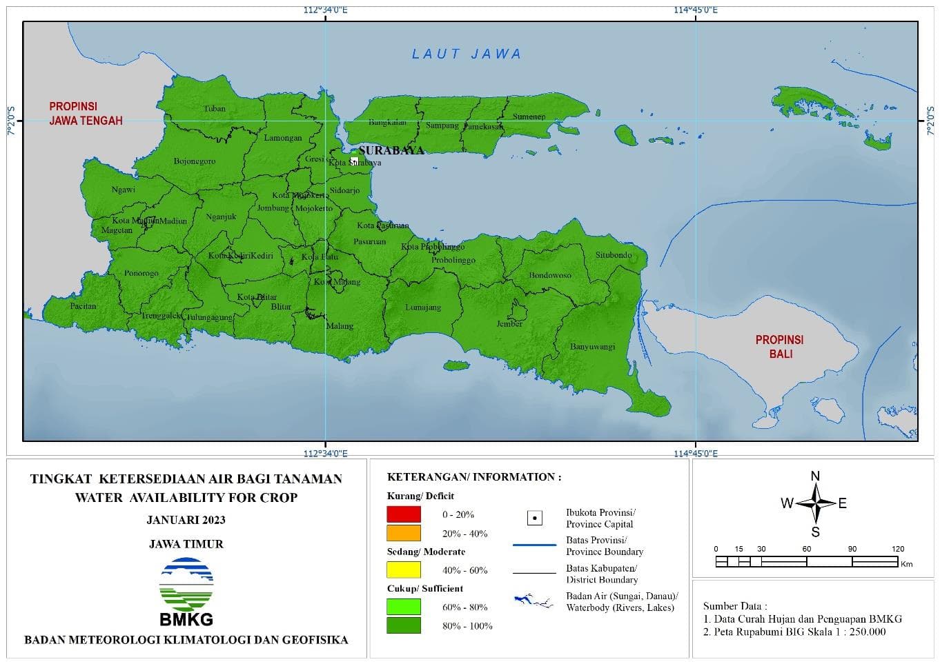 ( Analisis - Bulanan ) Tingkat Ketersediaan Air Bagi Tanaman Bulan Januari Tahun 2023 di Provinsi Jawa Timur 