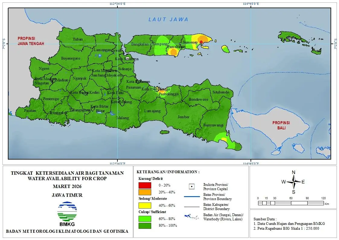 ( Analisis - Bulanan ) Tingkat Ketersediaan Air Bagi Tanaman Bulan Maret Tahun 2026 di Provinsi Jawa Timur 