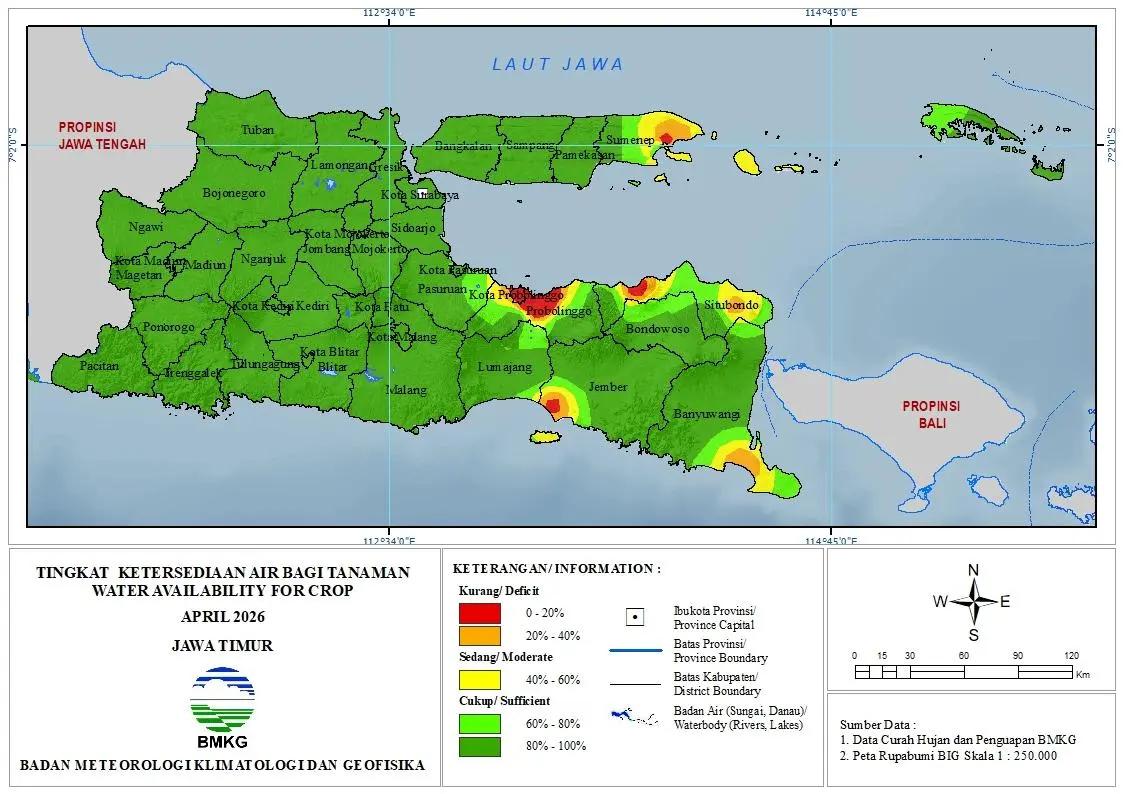 ( Analisis - Bulanan ) Tingkat Ketersediaan Air Bagi Tanaman Bulan April Tahun 2026 di Provinsi Jawa Timur 