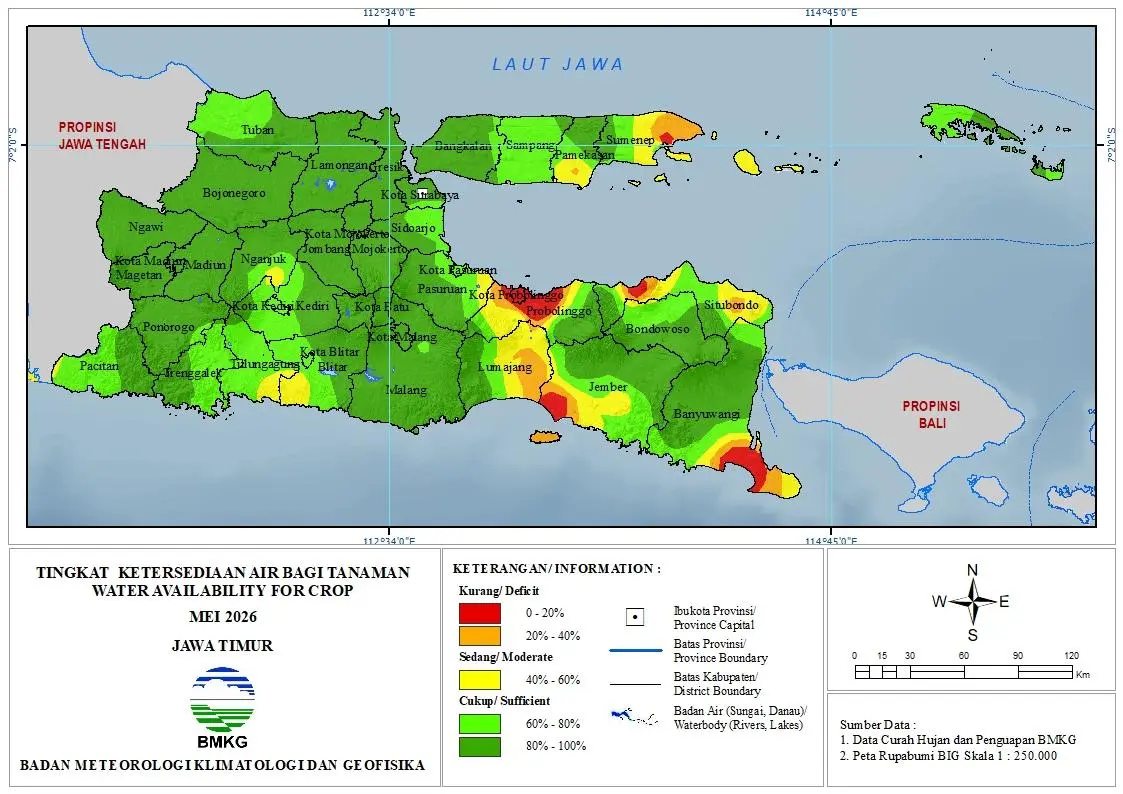 ( Analisis - Bulanan ) Tingkat Ketersediaan Air Bagi Tanaman Bulan Mei Tahun 2026 di Provinsi Jawa Timur 