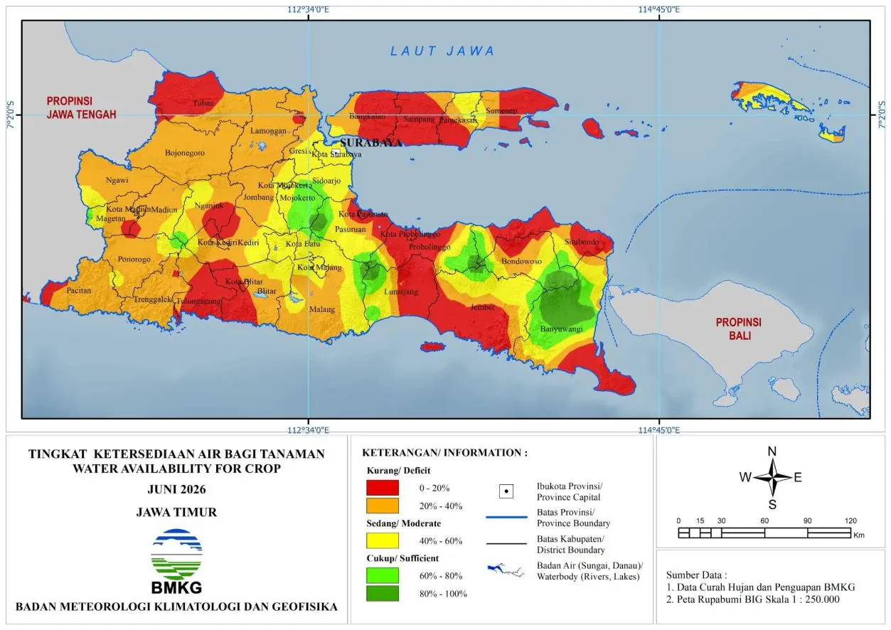 ( Analisis - Bulanan ) Tingkat Ketersediaan Air Bagi Tanaman Bulan Juni Tahun 2026 di Provinsi Jawa Timur 