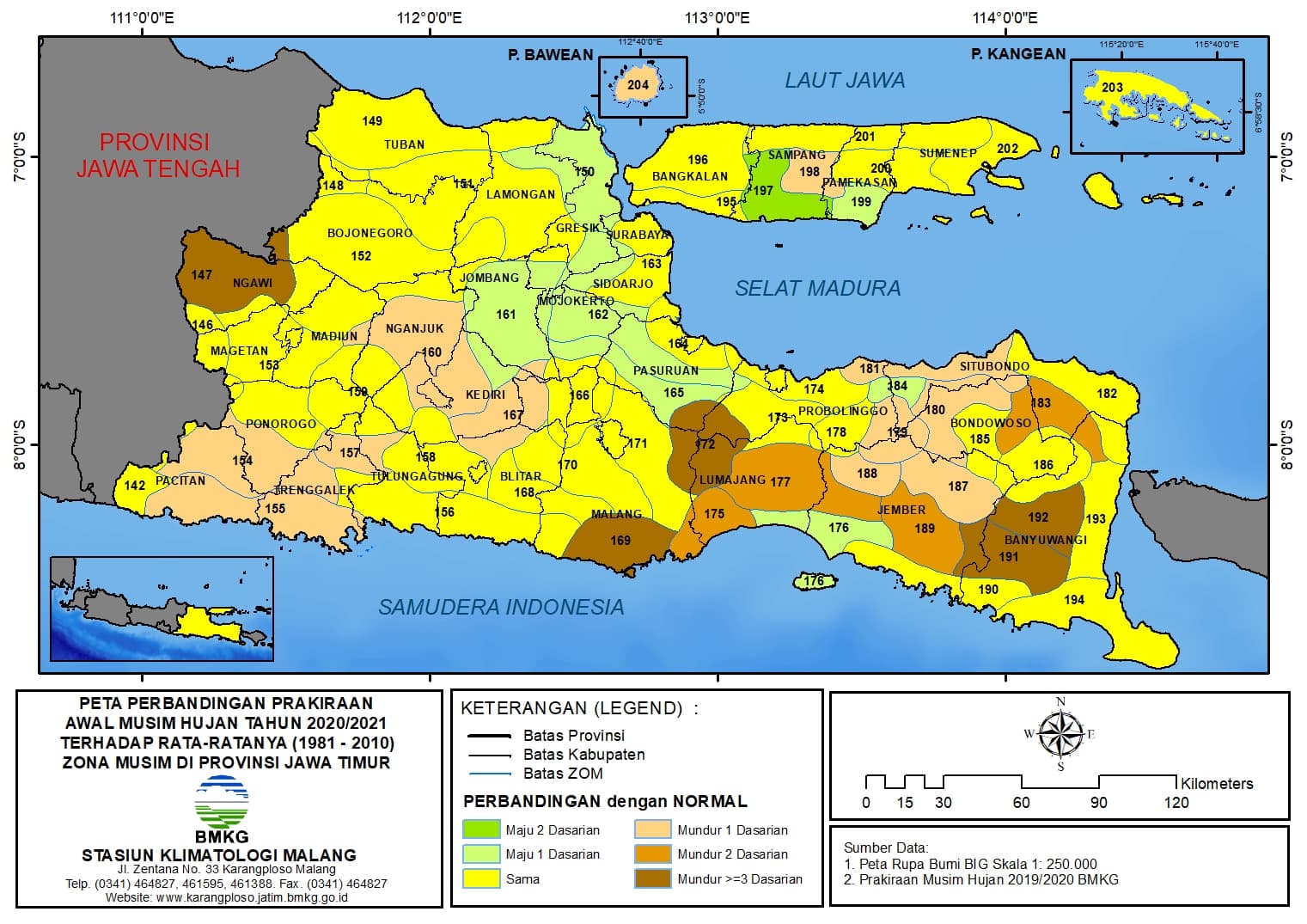 (Analisis - 6 Bulanan) Perbandingan Prakiraan Awal Musim Hujan Tahun 2020/2021 dengan Normalnya 1981-2010 Zona Musim di Provinsi Jawa Timur