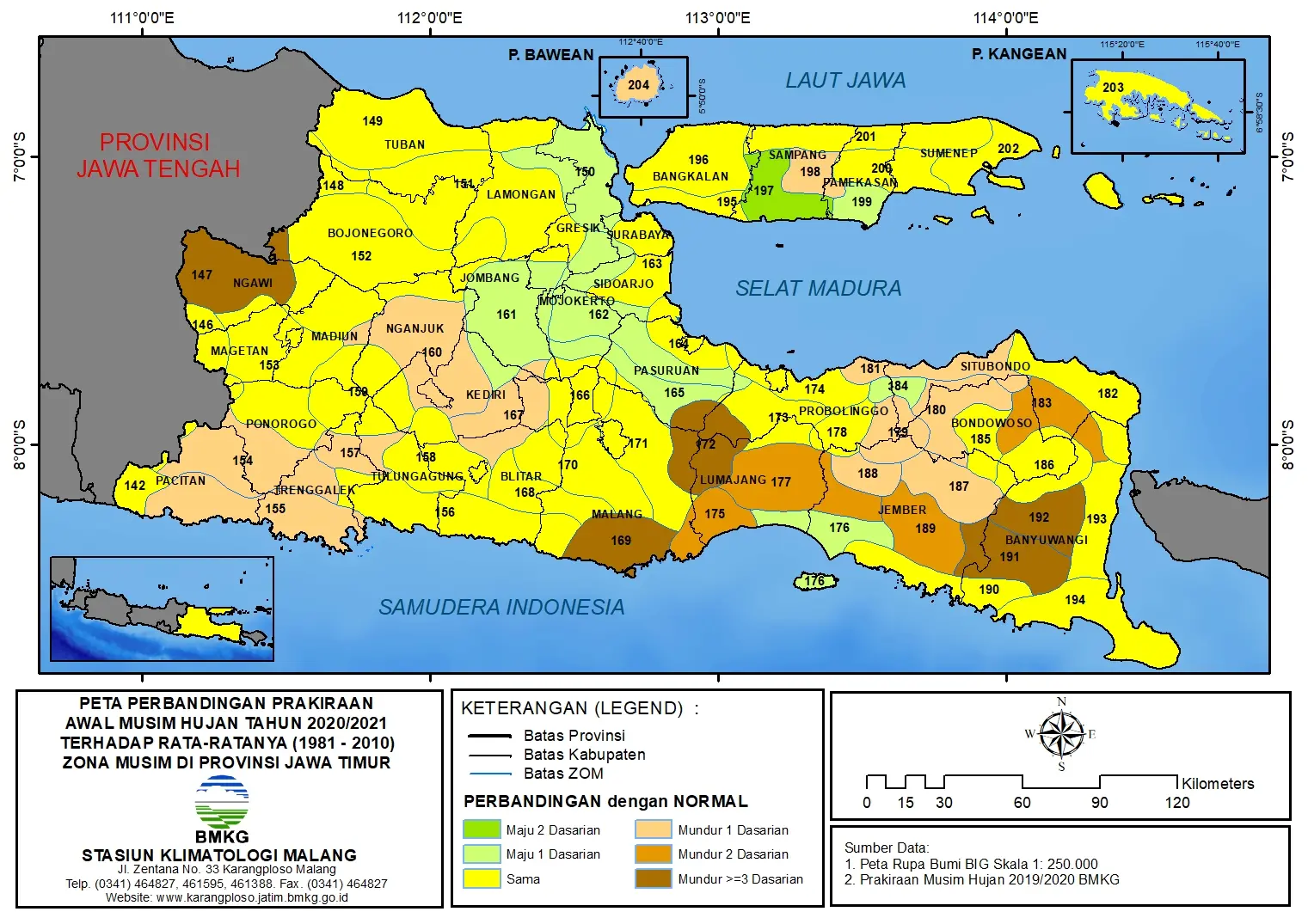 (Analisis - 6 Bulanan) Perbandingan Prakiraan Awal Musim Hujan Tahun 2020/2021 dengan Normalnya 1981-2010 Zona Musim di Provinsi Jawa Timur