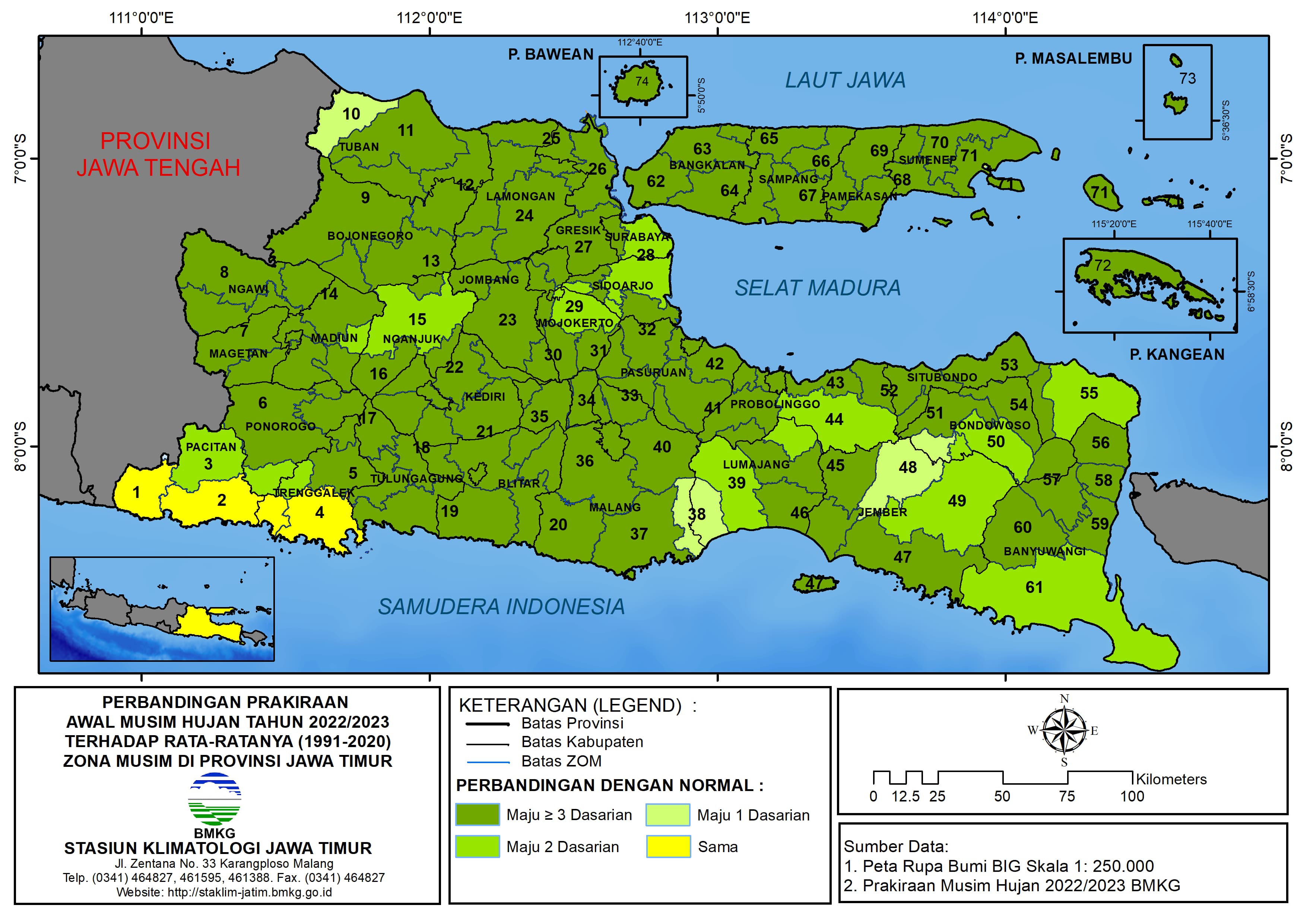 ( Analisis 6 Bulanan ) Perbandingan Prakiraan Awal Musim Hujan Tahun 2022 - 2023 Terhadap Rata - Ratanya 1991 - 2020 Zona Musim di Provinsi Jawa Timur