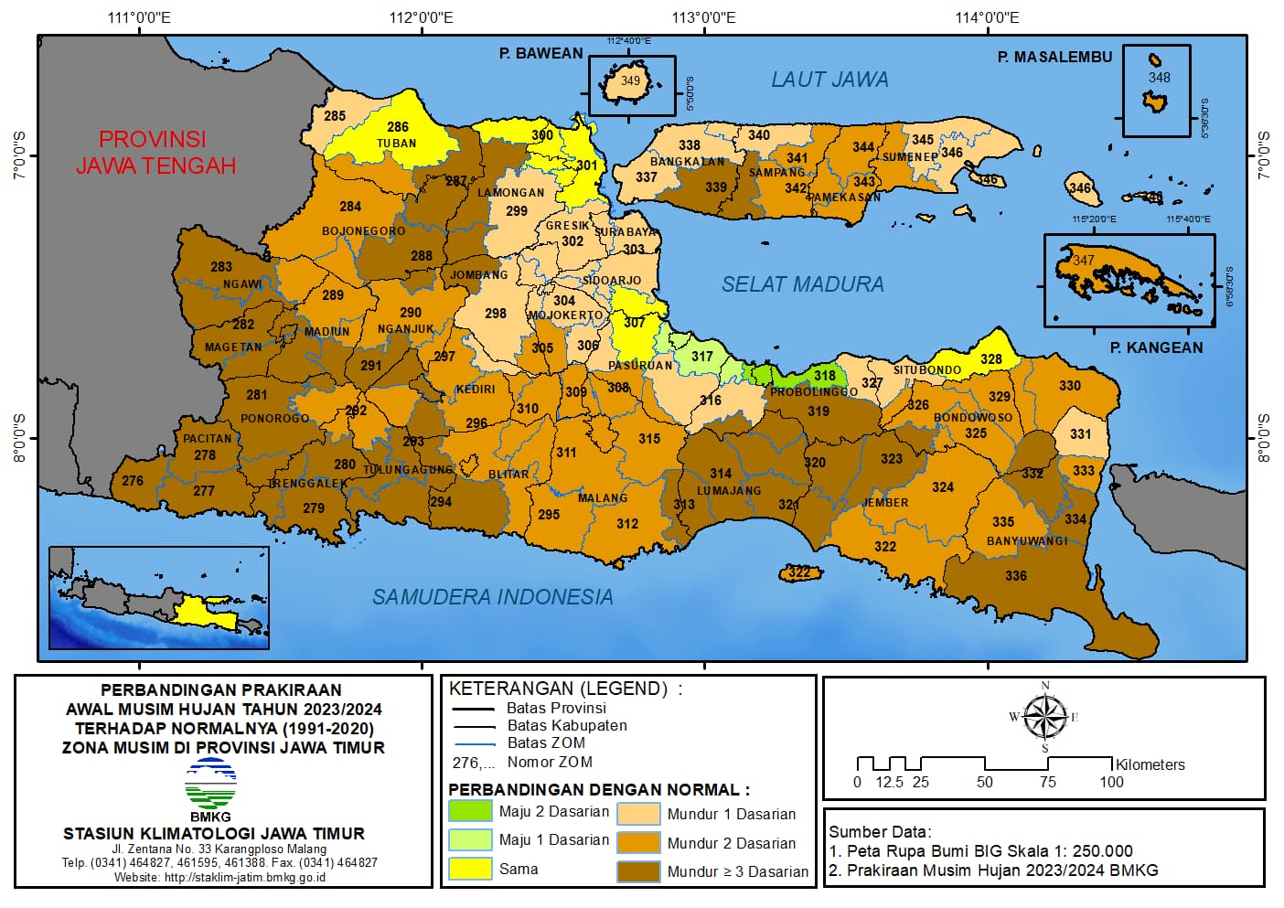 ( Analisis 6 Bulanan ) Perbandingan Prakiraan Awal Musim Hujan Tahun 2023 - 2024 Terhadap Normalnya 1991 - 2020 Zona Musim di Provinsi Jawa Timur