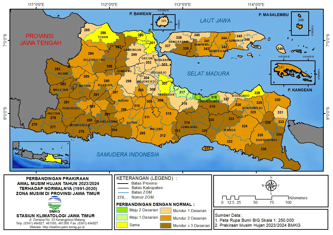 ( Analisis 6 Bulanan ) Perbandingan Prakiraan Awal Musim Hujan Tahun 2023 - 2024 Terhadap Normalnya 1991 - 2020 Zona Musim di Provinsi Jawa Timur