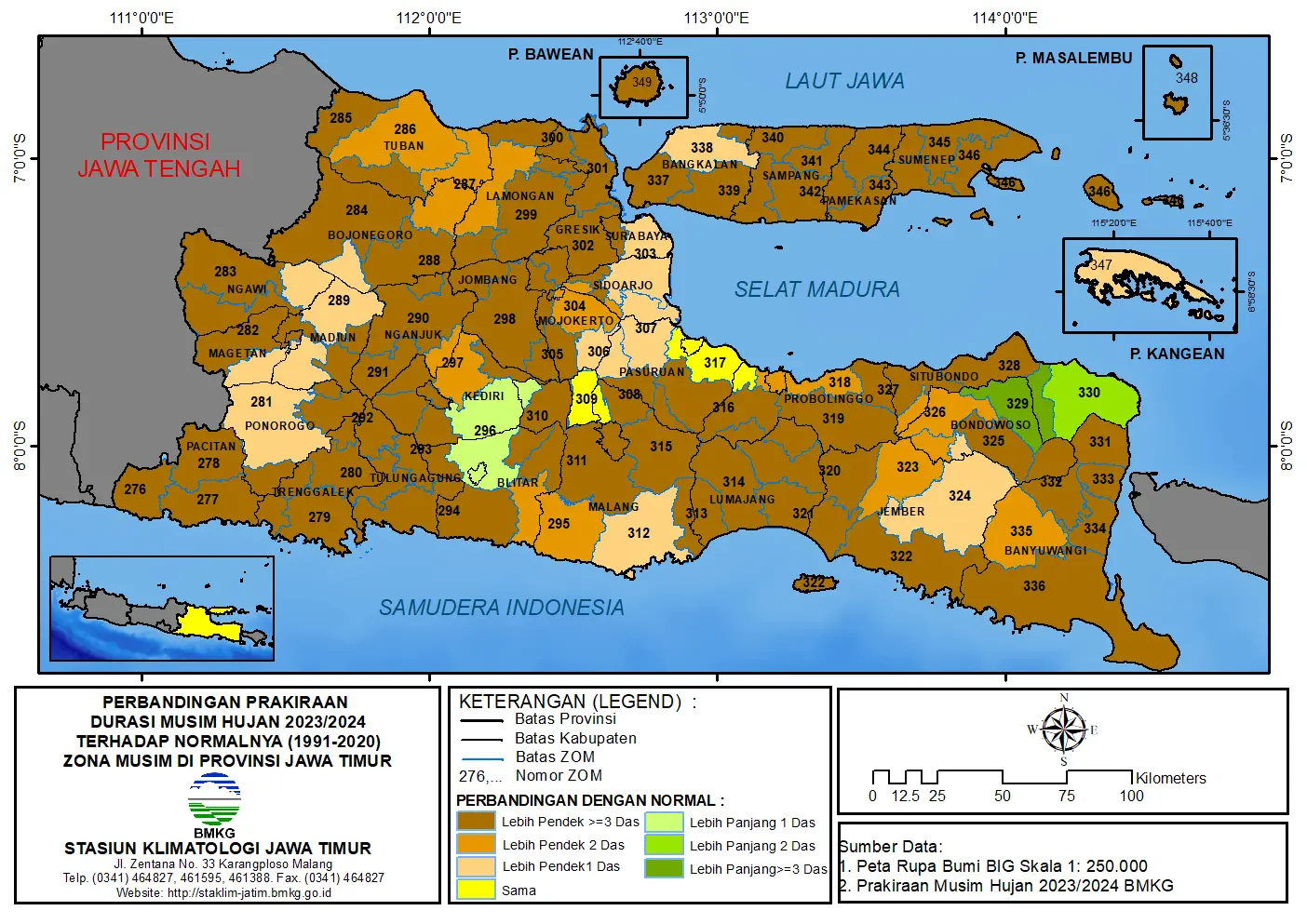 ( Analisis 6 Bulanan ) Perbandingan Prakiraan Durasi Musim Hujan Tahun 2023 - 2024 Terhadap Normalnya 1991 - 2020 Zona Musim di Provinsi Jawa Timur