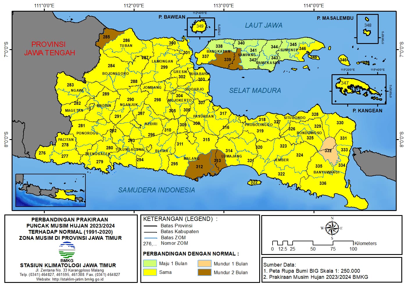 ( Analisis 6 Bulanan ) Perbandingan Prakiraan Puncak Musim Hujan Tahun 2023 - 2024 Terhadap Normalnya 1991 - 2020 Zona Musim di Provinsi Jawa Timur
