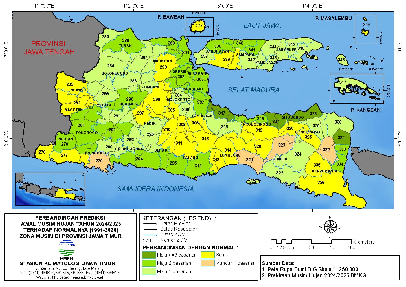 ( Analisis 6 Bulanan ) Perbandingan Prediksi Awal Musim Hujan Tahun 2024 / 2025 Terhadap Normalnya 1991 - 2020 Zona Musim di Provinsi Jawa Timur