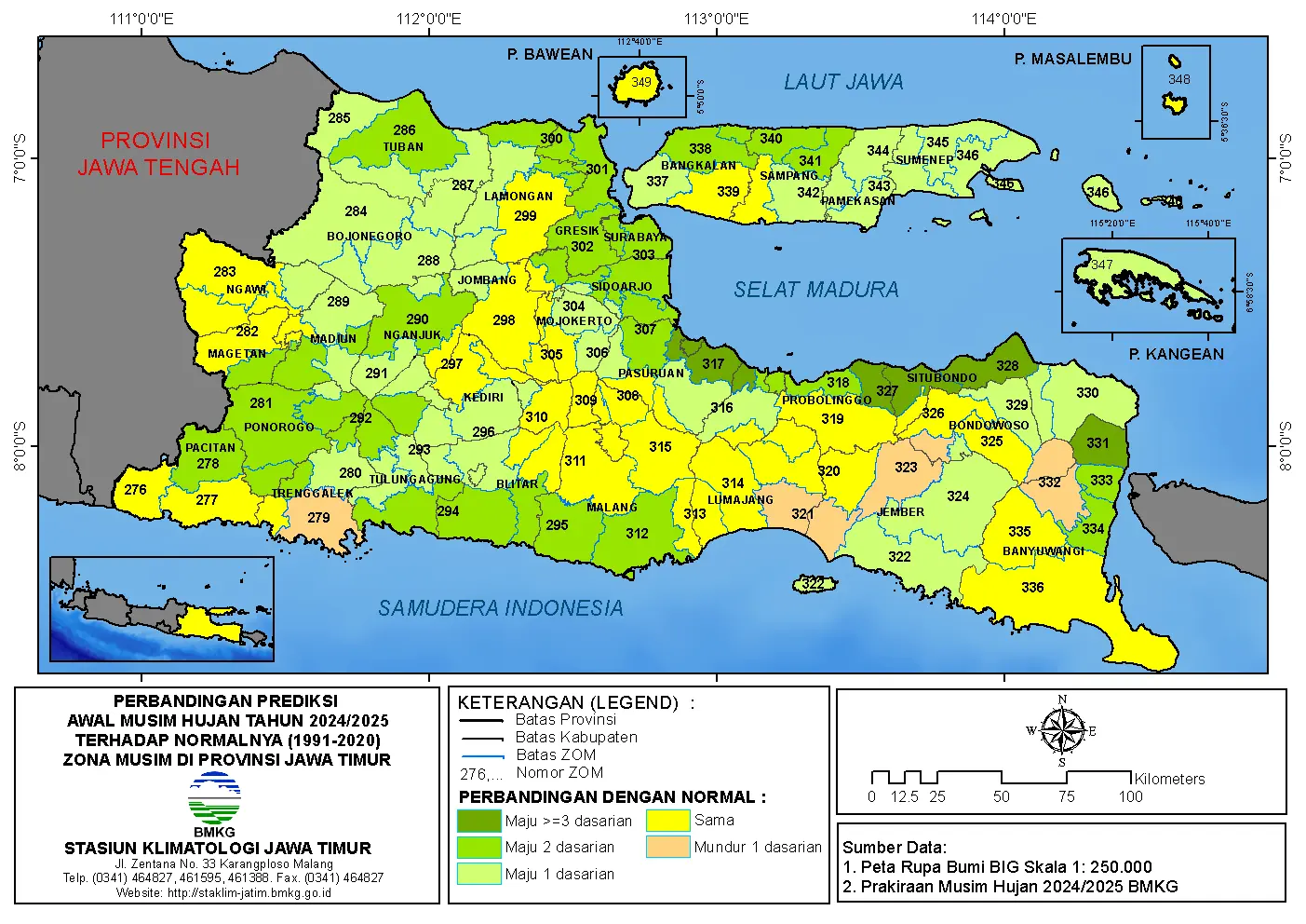 ( Analisis 6 Bulanan ) Perbandingan Prediksi Awal Musim Hujan Tahun 2024 / 2025 Terhadap Normalnya 1991 - 2020 Zona Musim di Provinsi Jawa Timur