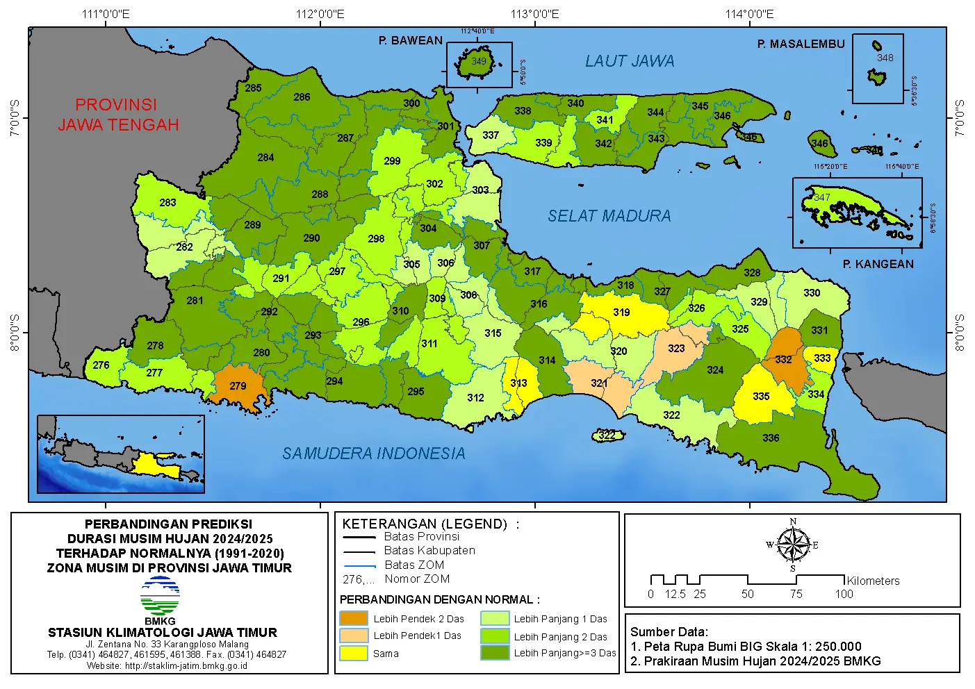 ( Analisis 6 Bulanan ) Perbandingan Prediksi Durasi Musim Hujan Tahun 2024 / 2025 Terhadap Normalnya 1991 - 2020 Zona Musim di Provinsi Jawa Timur