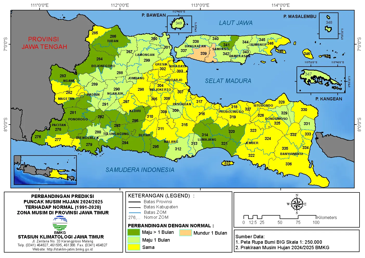 ( Analisis 6 Bulanan ) Perbandingan Prediksi Puncak Musim Hujan Tahun 2024 / 2025 Terhadap Normalnya 1991 - 2020 Zona Musim di Provinsi Jawa Timur