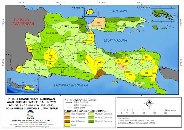 (Analisis - 6 Bulanan) Perbandingan Prakiraan Awal Musim Kemarau Tahun 2020 dengan Normalnya 1981-2010 Zona Musim di Provinsi Jawa Timur