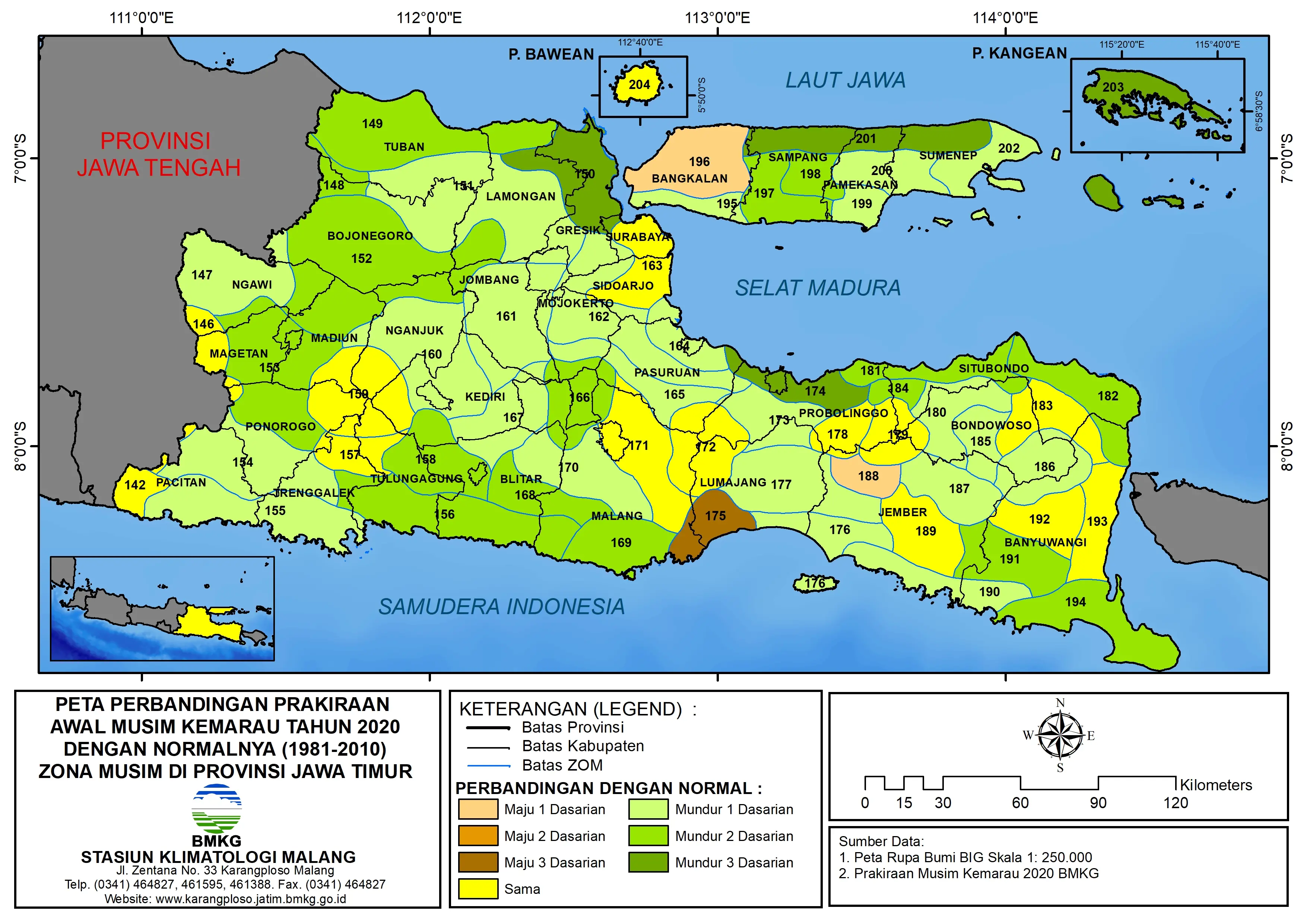 (Analisis - 6 Bulanan) Perbandingan Prakiraan Awal Musim Kemarau Tahun 2020 dengan Normalnya 1981-2010 Zona Musim di Provinsi Jawa Timur