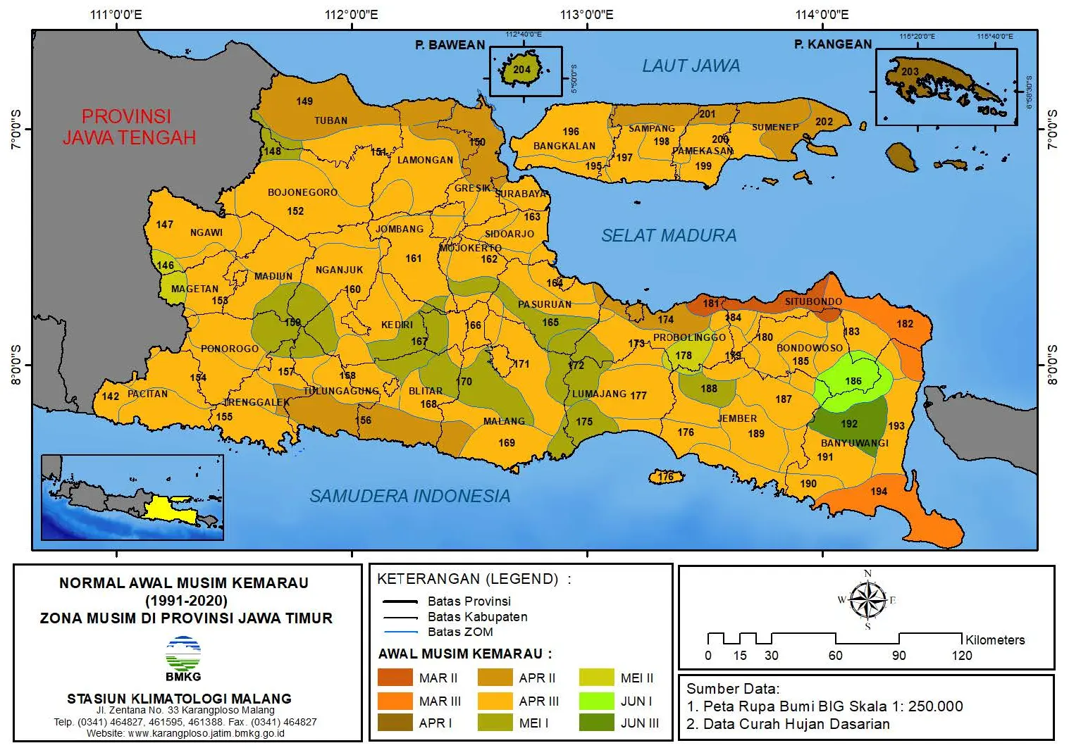 ( Prakiraan 6 Bulanan ) Normal Awal Musim Kemarau ( 1991 - 2020 ) Zona Musim di Provinsi Jawa Timur