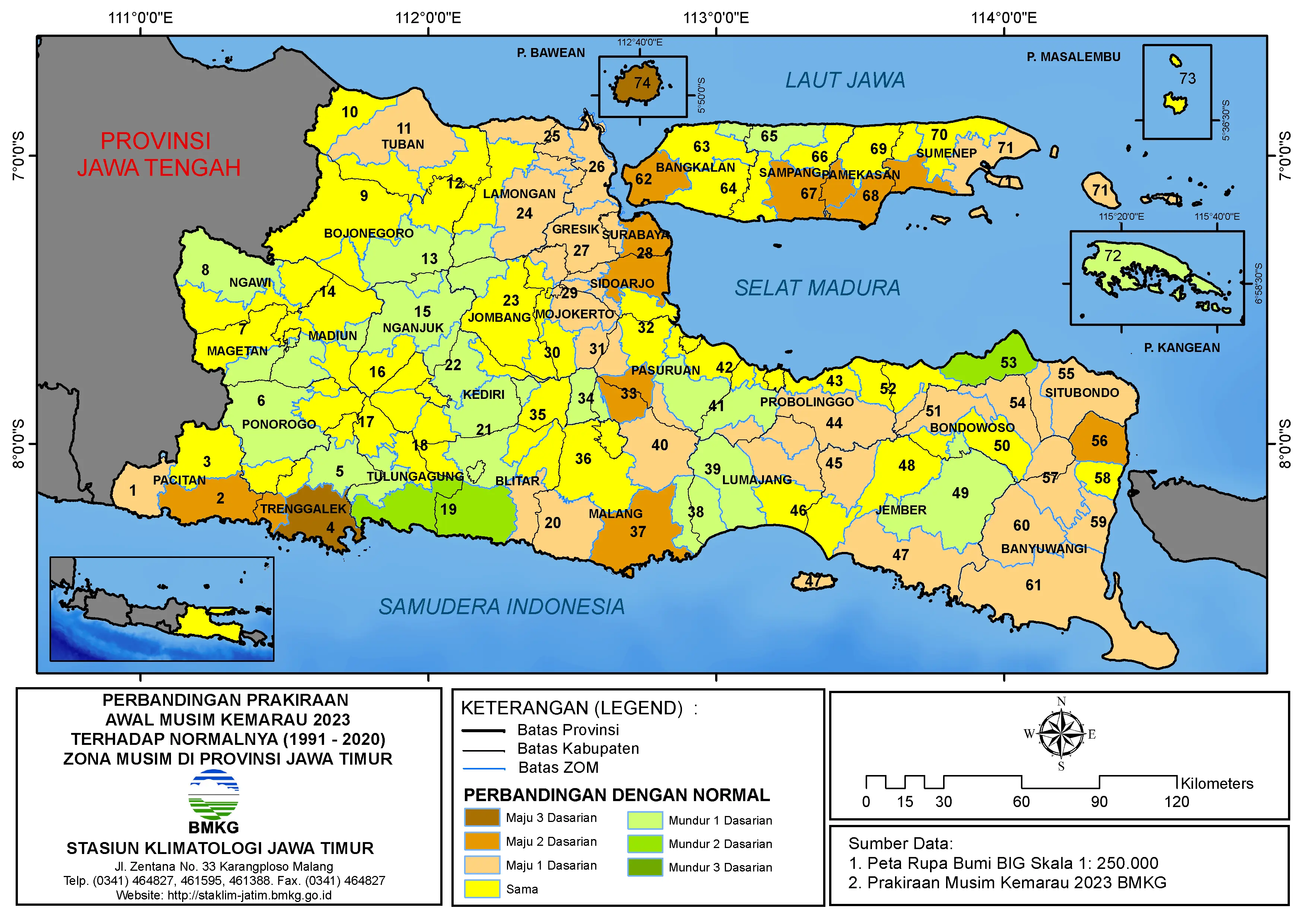 ( Analisis 6 Bulanan ) Perbandingan Prakiraan Awal Musim Kemarau Tahun 2023 dengan Normalnya 1991-2020 Zona Musim di Provinsi Jawa Timur