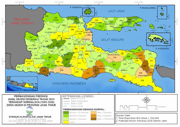 ( Analisis 6 Bulanan ) Perbandingan Prakiraan Awal Musim Kemarau Tahun 2024 dengan Normalnya 1991-2020 Zona Musim di Provinsi Jawa Timur
