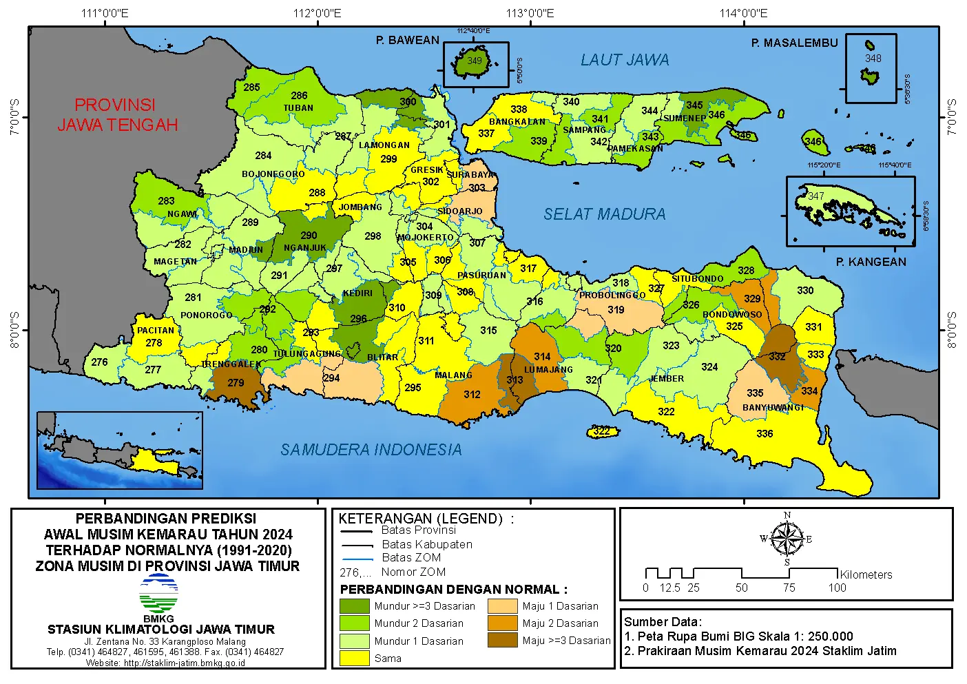 ( Analisis 6 Bulanan ) Perbandingan Prakiraan Awal Musim Kemarau Tahun 2024 dengan Normalnya 1991-2020 Zona Musim di Provinsi Jawa Timur