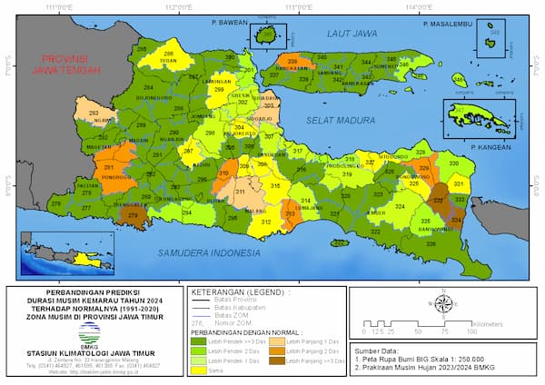 ( Analisis 6 Bulanan ) Perbandingan Prediksi Durasi Musim Kemarau Tahun 2024 dengan Normalnya 1991-2020 Zona Musim di Provinsi Jawa Timur