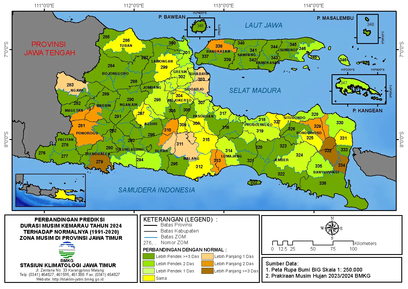 ( Analisis 6 Bulanan ) Perbandingan Prediksi Durasi Musim Kemarau Tahun 2024 dengan Normalnya 1991-2020 Zona Musim di Provinsi Jawa Timur