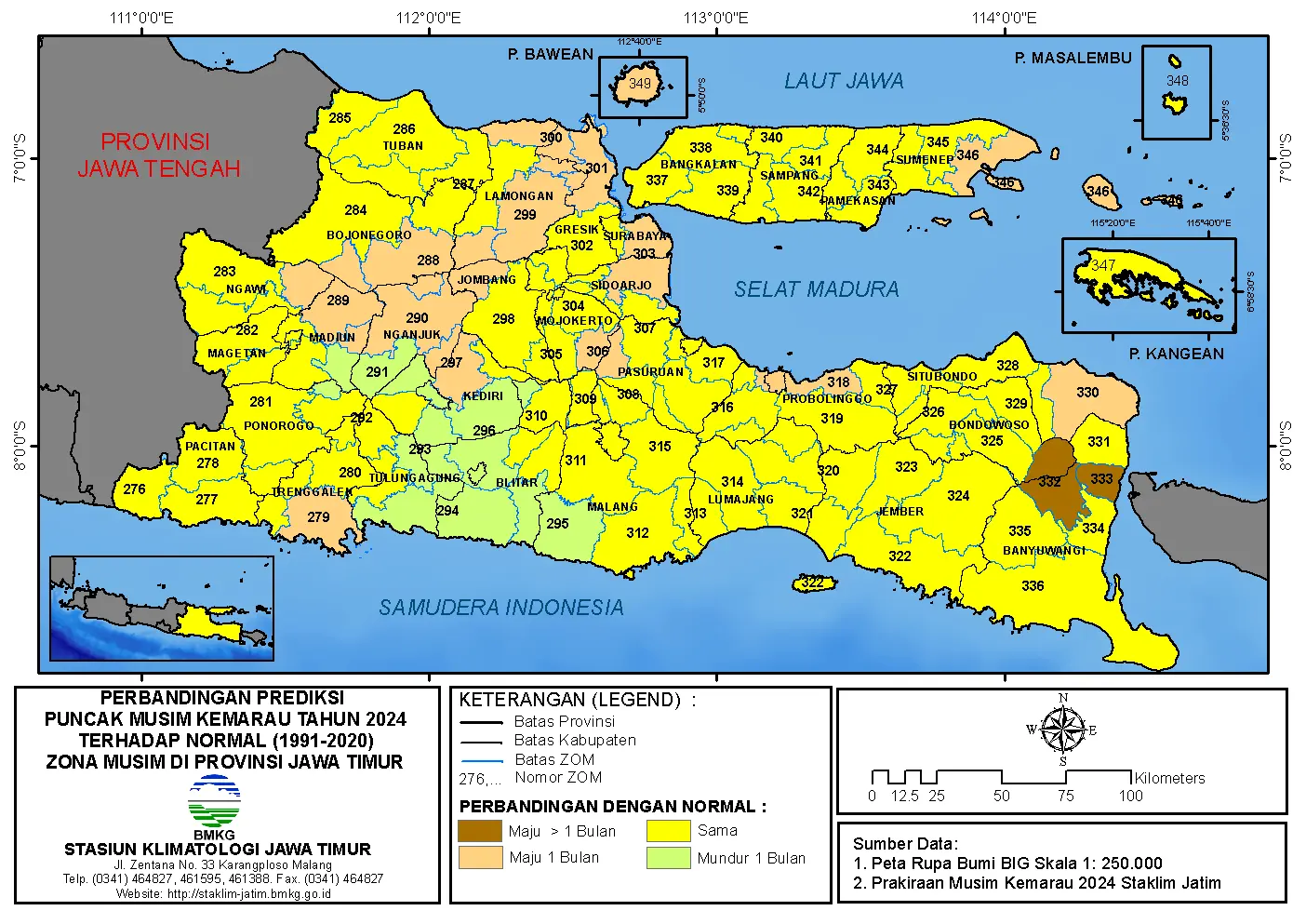 ( Analisis 6 Bulanan ) Perbandingan Prediksi Puncak Musim Kemarau Tahun 2024 dengan Normalnya 1991-2020 Zona Musim di Provinsi Jawa Timur