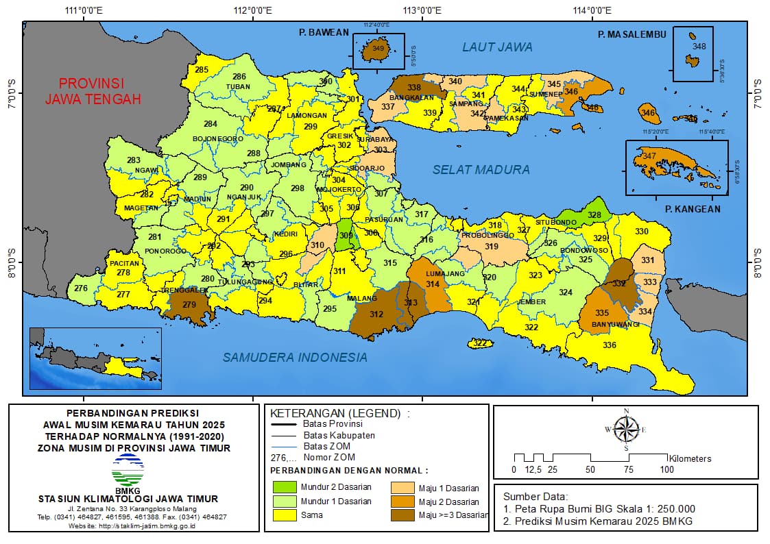 ( Analisis 6 Bulanan ) Perbandingan Prediksi Awal Musim Kemarau Tahun 2025 dengan Normalnya 1991 - 2020 Zona Musim di Provinsi Jawa Timur