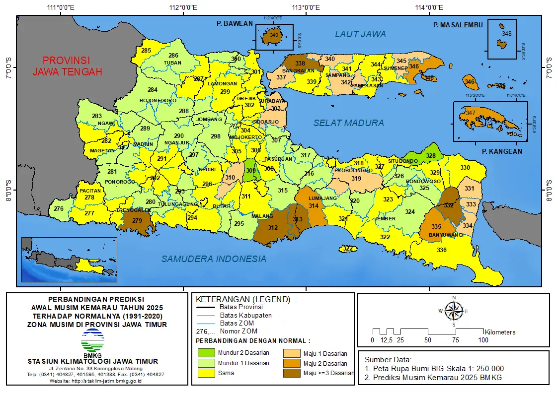 ( Analisis 6 Bulanan ) Perbandingan Prediksi Awal Musim Kemarau Tahun 2025 dengan Normalnya 1991 - 2020 Zona Musim di Provinsi Jawa Timur