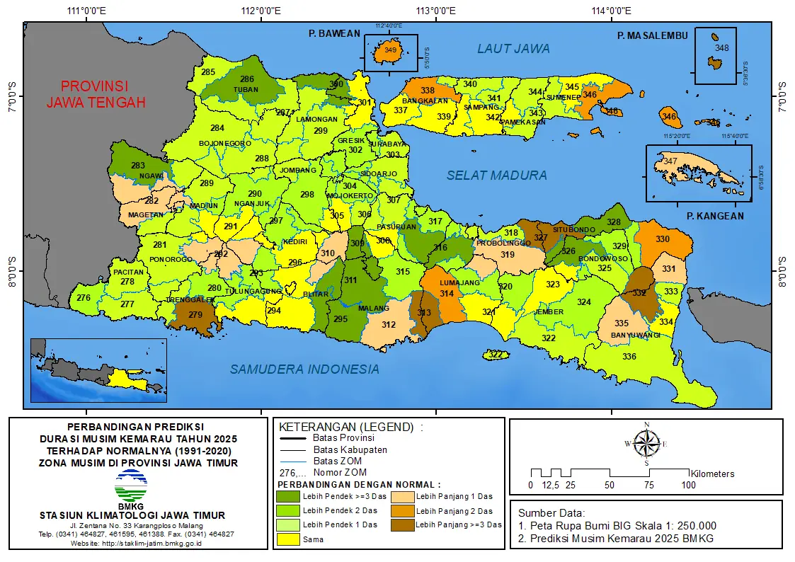 ( Analisis 6 Bulanan ) Perbandingan Prediksi Durasi Musim Kemarau Tahun 2025 Zona Musim di Provinsi Jawa Timur dengan Normalnya 1991 - 2020 Zona Musim di Provinsi Jawa Timur