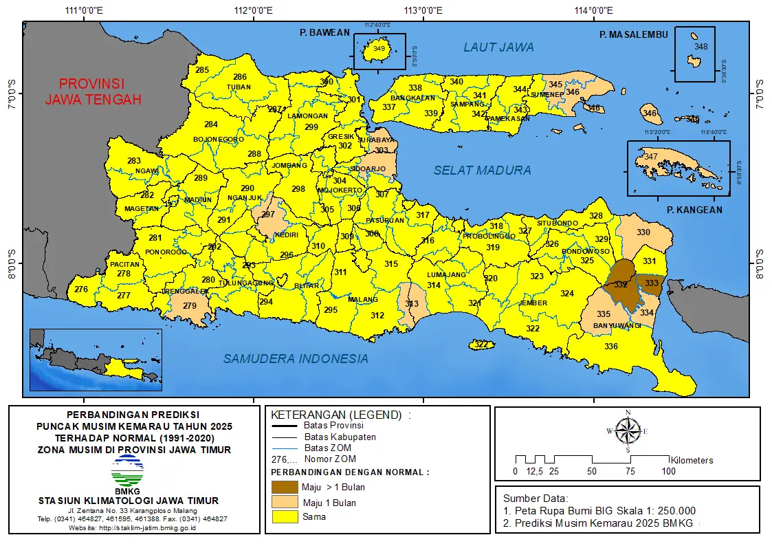 ( Analisis 6 Bulanan ) Perbandingan Prediksi Puncak Musim Kemarau Tahun 2025 dengan Normalnya 1991 - 2020 Zona Musim di Provinsi Jawa Timur