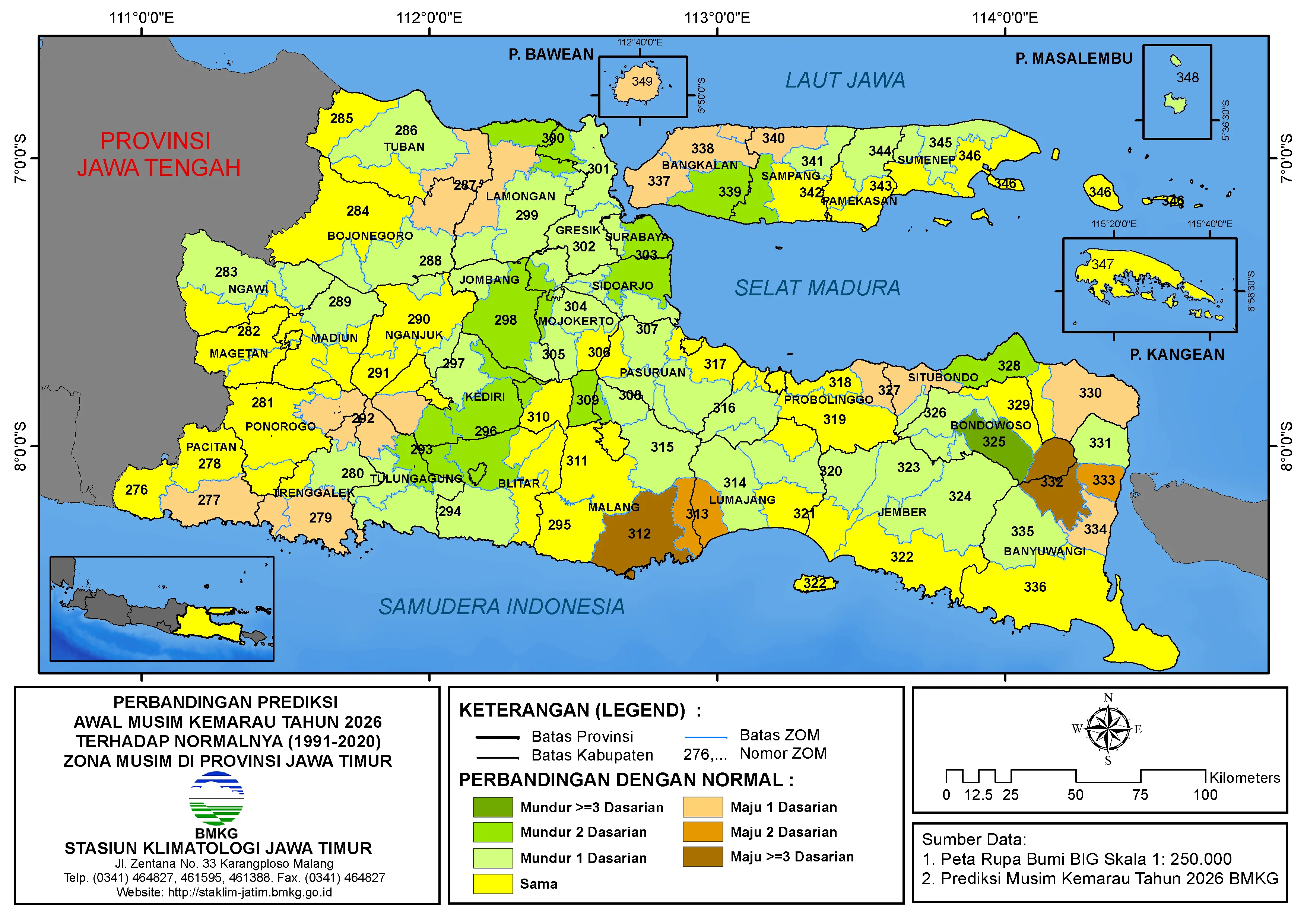 ( Analisis 6 Bulanan ) Perbandingan Prediksi Awal Musim Kemarau Tahun 2026 dengan Normalnya 1991 - 2020 Zona Musim di Provinsi Jawa Timur