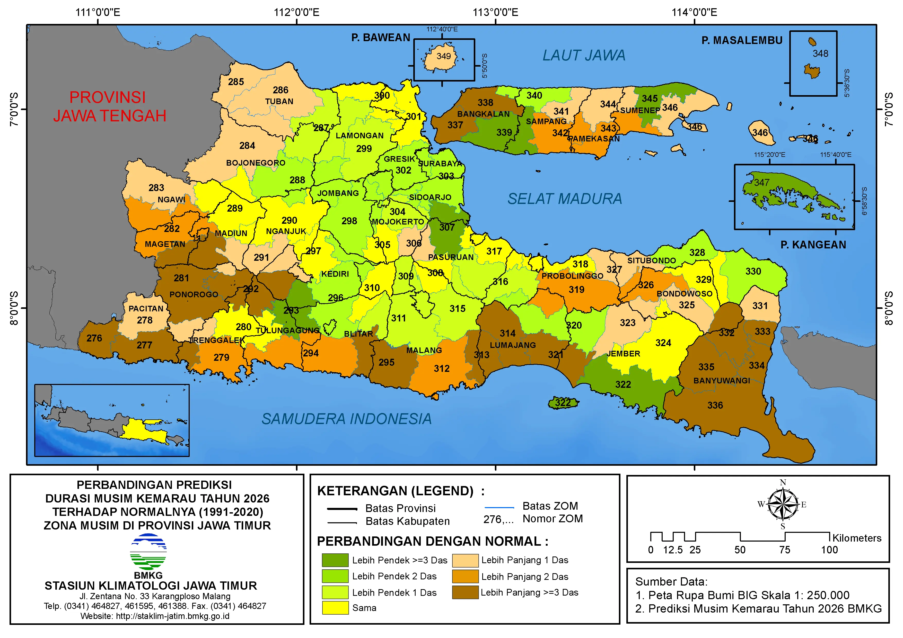 ( Analisis 6 Bulanan ) Perbandingan Prediksi Durasi Musim Kemarau Tahun 2026 Terhadap Normalnya 1991 - 2020 Zona Musim di Provinsi Jawa Timur