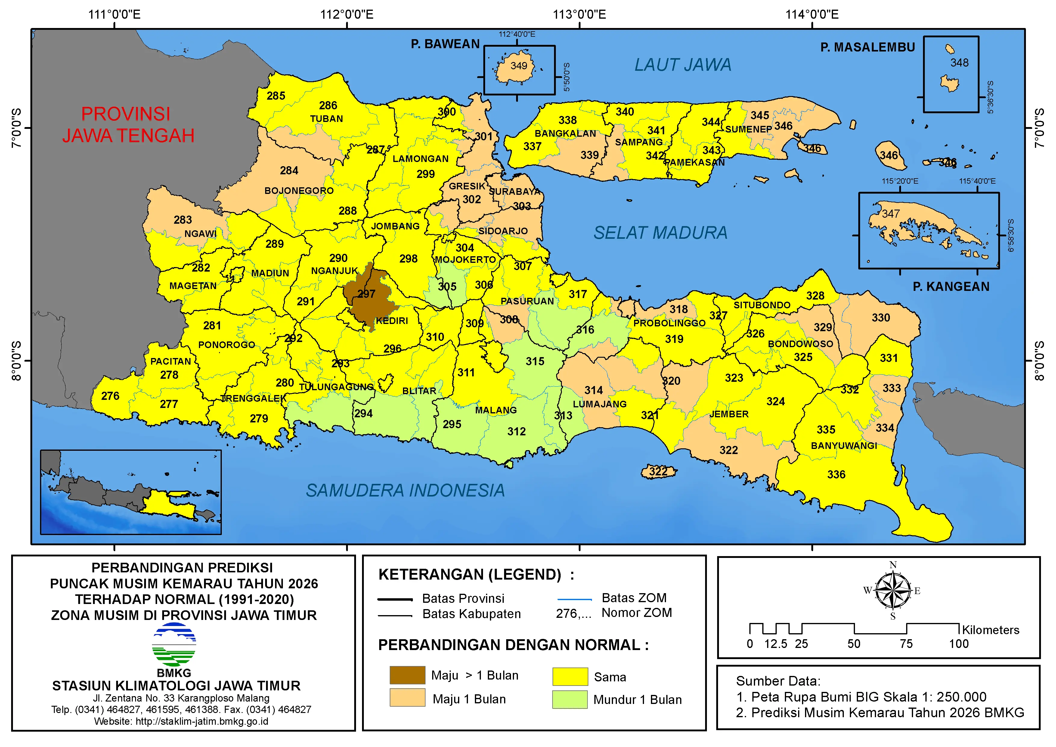 ( Analisis 6 Bulanan ) Perbandingan Prediksi Puncak Musim Kemarau Tahun 2026 terhadap Normalnya 1991 - 2020 Zona Musim di Provinsi Jawa Timur