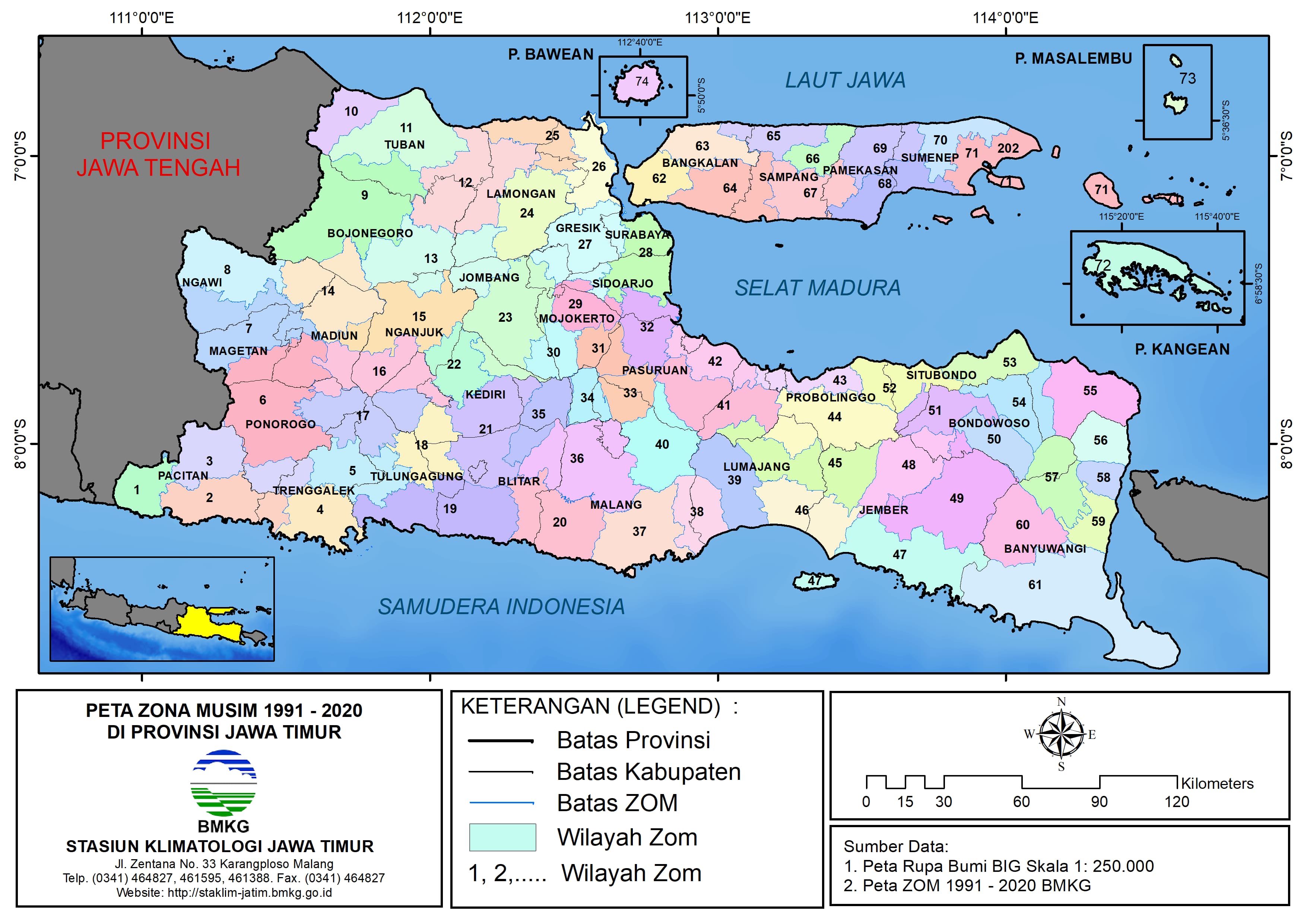 Peta Zona Musim Tahun 1991 - 2020 di Provinsi Jawa Timur