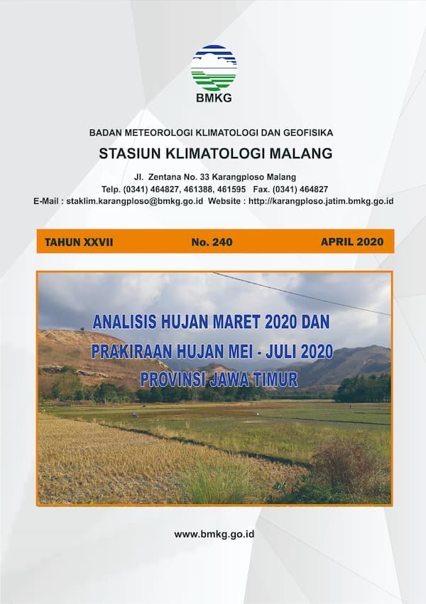 (Buletin - Bulanan) Analisis Hujan Bulan Maret Tahun 2020 dan Prakiraan Hujan Bulan MEI - JUNI - JULI Tahun 2020 di Provinsi Jawa Timur